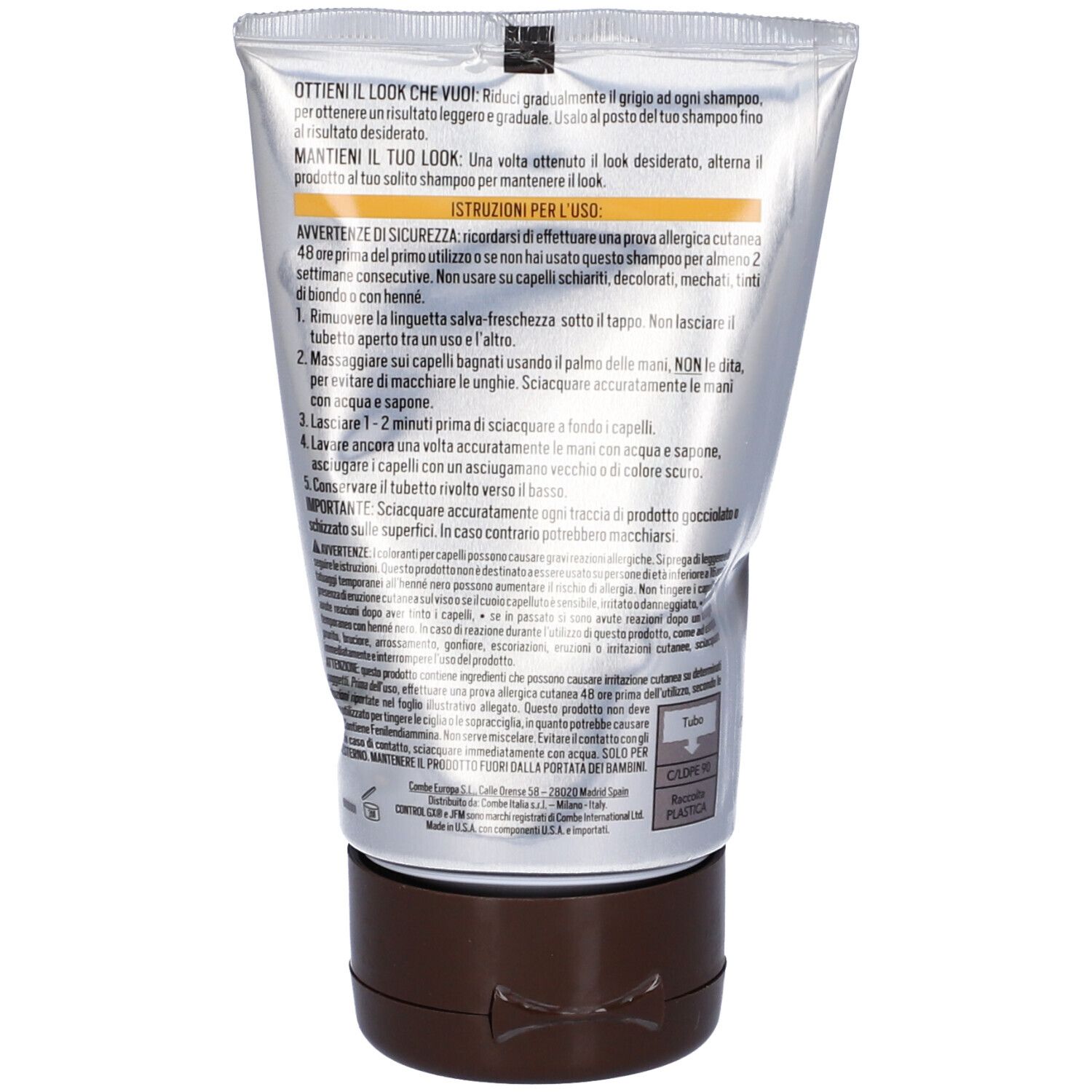 Retro del tubo di shampoo. Testo: Istruzioni per l'uso, precauzioni. Tappo marrone. Testo nero su sfondo chiaro.