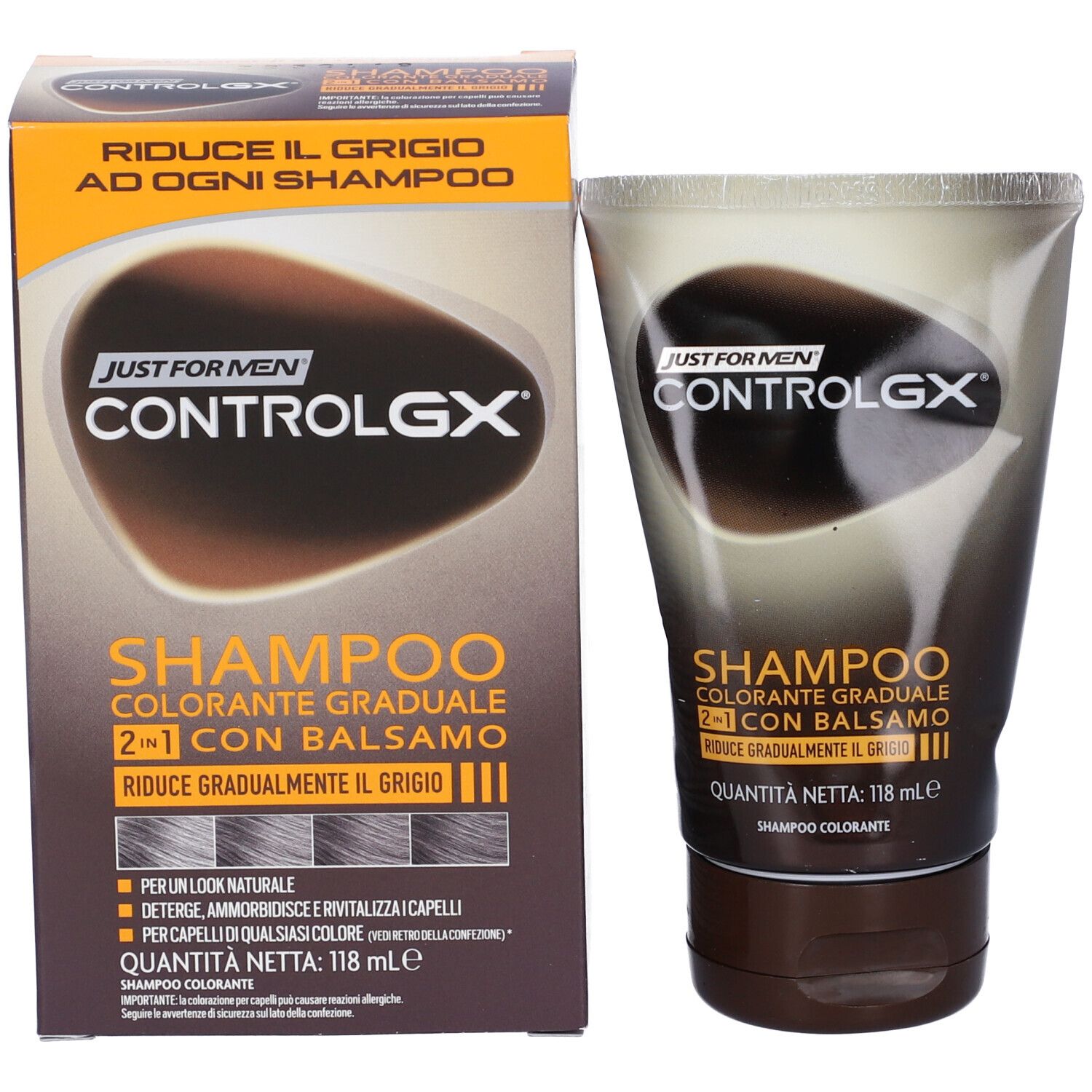 Tubo e scatola di shampoo. Scritta: Just For Men ControlGX Shampoo Colorante Graduale 2 in 1 Con Balsamo. Riduce gradualmente i grigi. 118 ml.