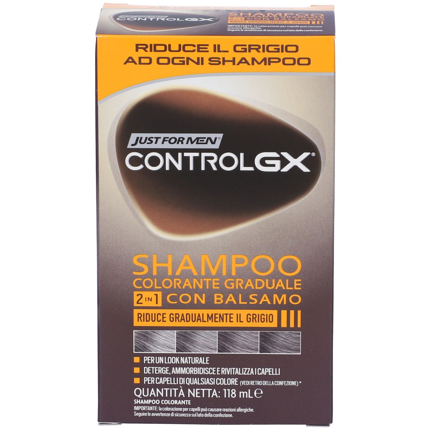 Scatola. Scritta: Just For Men ControlGX Shampoo Colorante Graduale 2 in 1 Con Balsamo. Riduce gradualmente i grigi. 118 ml.