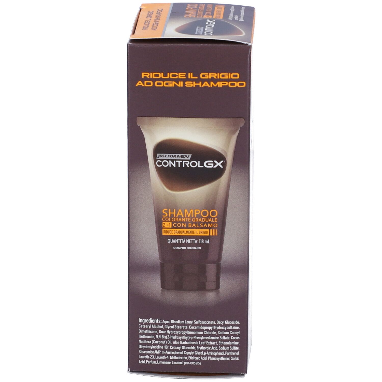 Scatola. Scritta: Just For Men ControlGX Shampoo Colorante Graduale 2 in 1 Con Balsamo. Riduce gradualmente i grigi. Ingredienti.