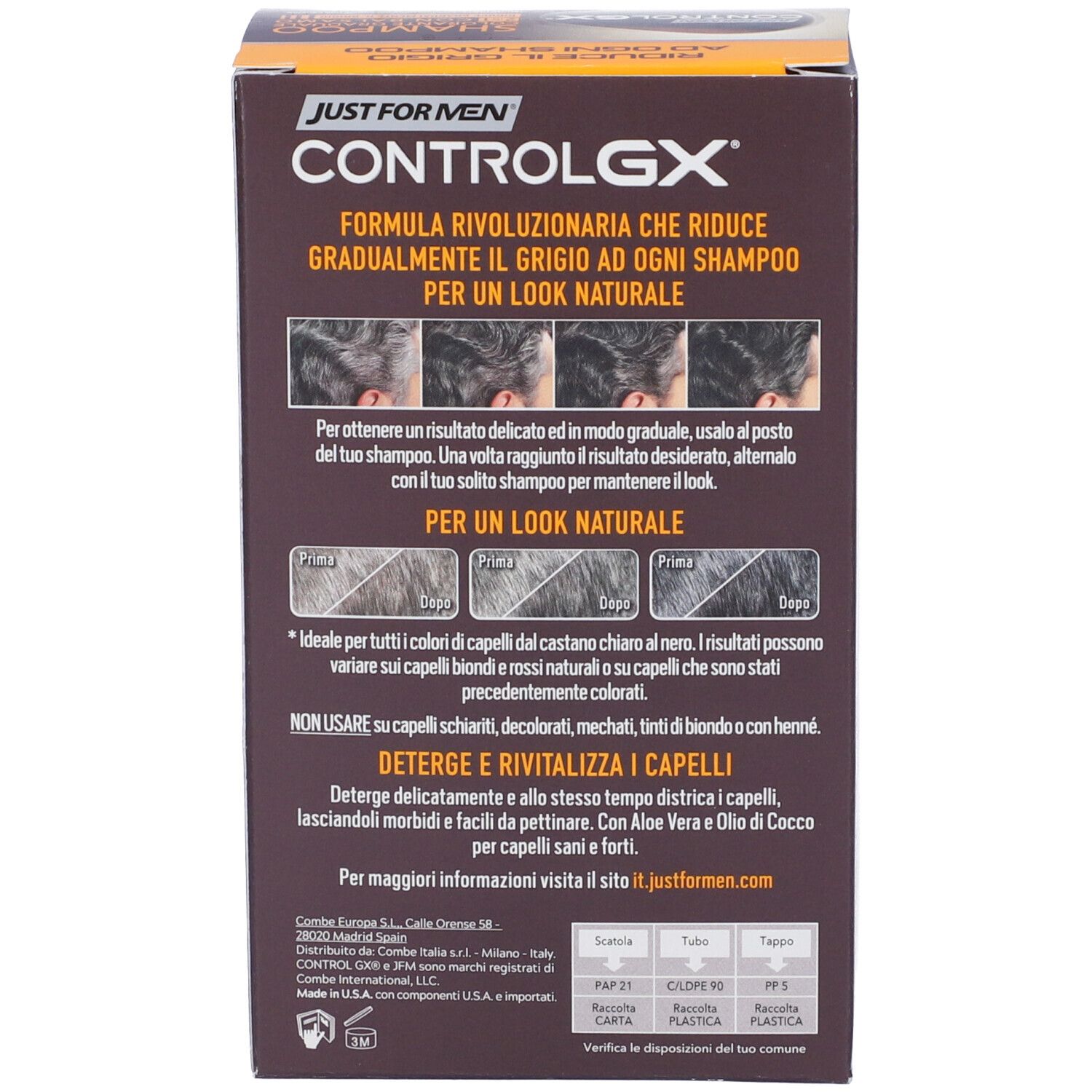 Scatola. Scritta: Just For Men ControlGX. Formula per ridurre i grigi. Immagini di capelli in diverse tonalità di grigio.