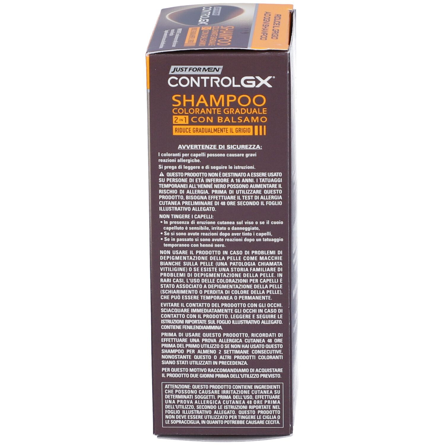 Scatola. Scritta: Just For Men ControlGX Shampoo Colorante Graduale 2 in 1 Con Balsamo. Riduce gradualmente i grigi. Avvertenze di sicurezza.
