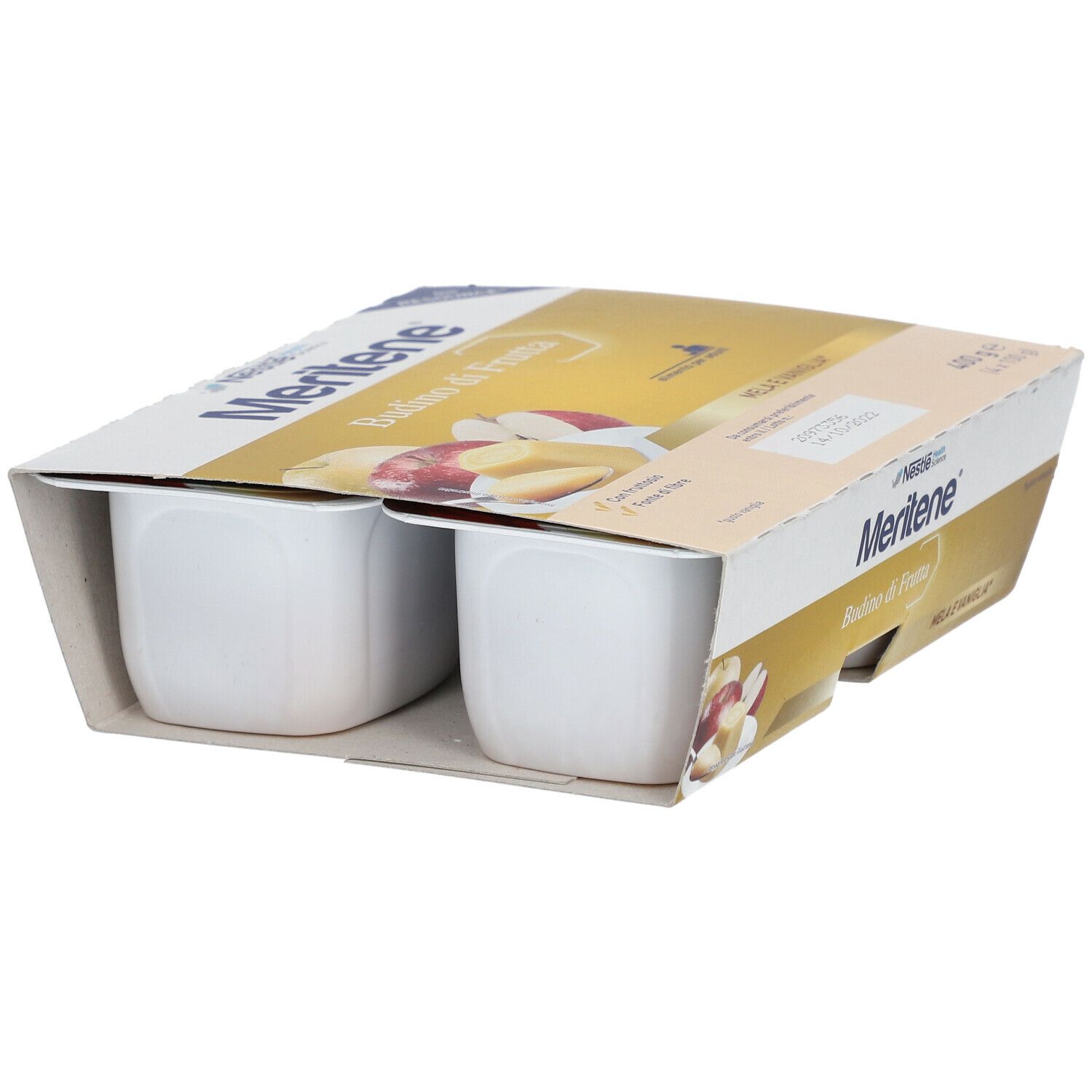 Confezione Nestlé Meritene Budino di Frutta. 4 vasetti in cartone. Scritta: Mela e Vaniglia.