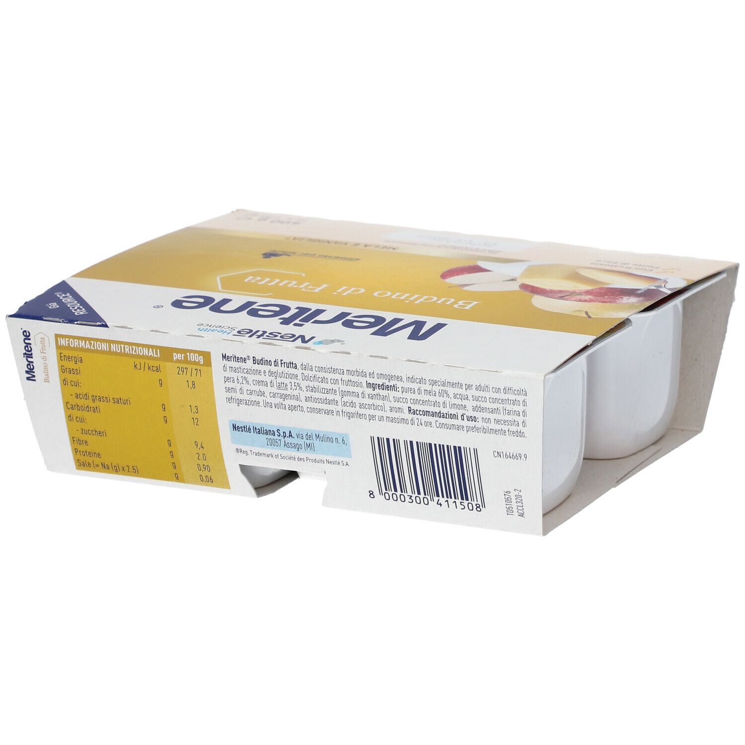 Retro confezione Nestlé Meritene Budino di Frutta. Testo con valori nutrizionali e informazioni produttore.