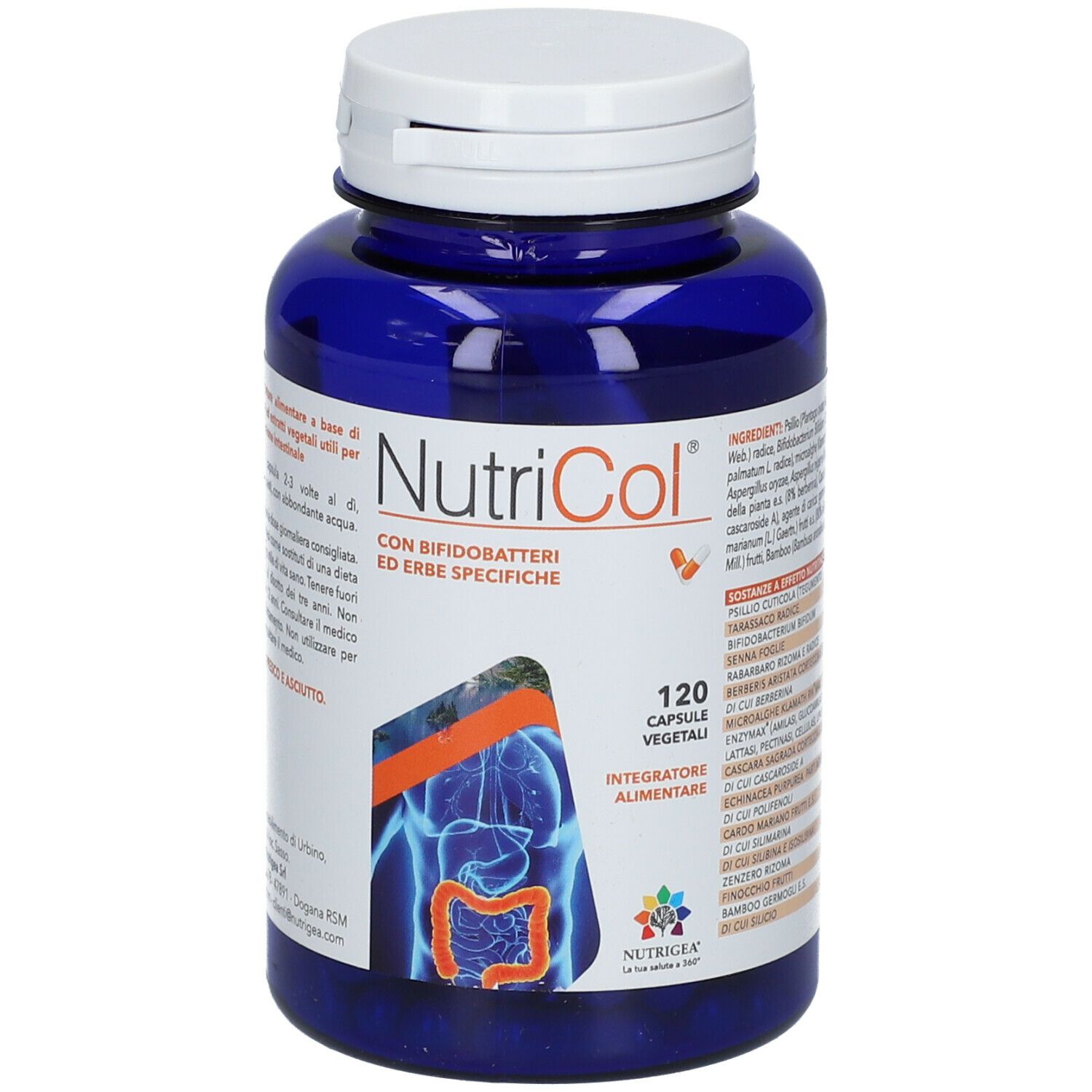 Flacone blu con tappo bianco. Scritta: NutriCol, 120 capsule. Illustrazione dell'apparato digerente.