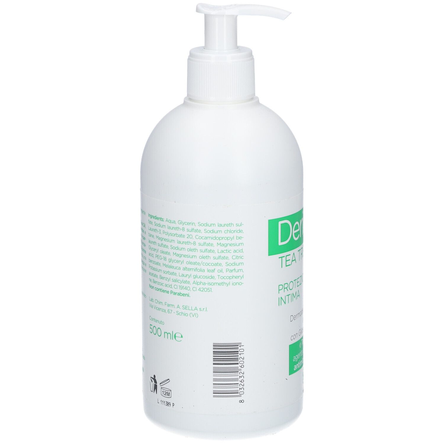Weiße Pumpflasche mit grünem Etikett, 500 ml. Enthält Teebaumöl.