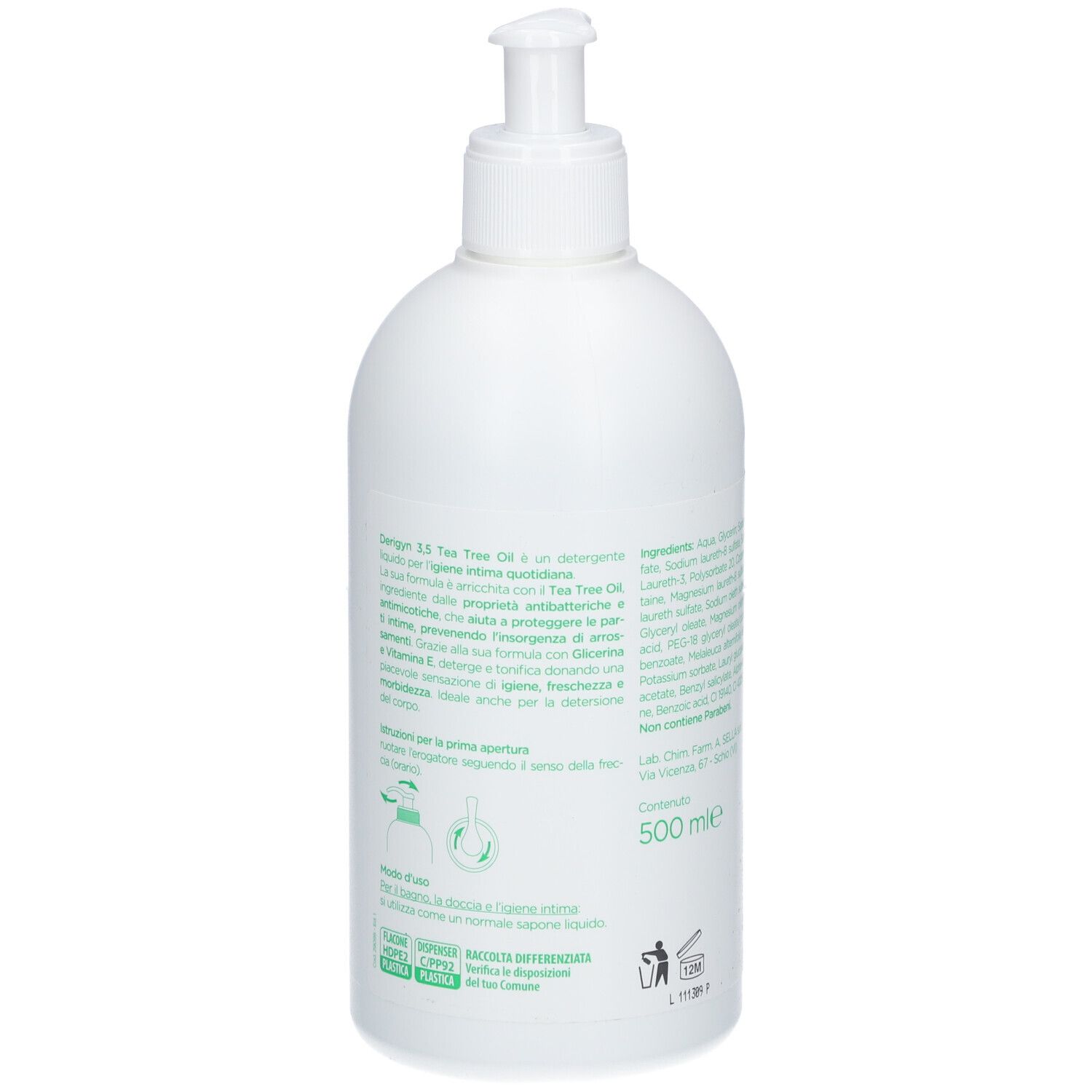 Weiße Pumpflasche mit 500 ml Reinigungsmittel, enthält Teebaumöl.