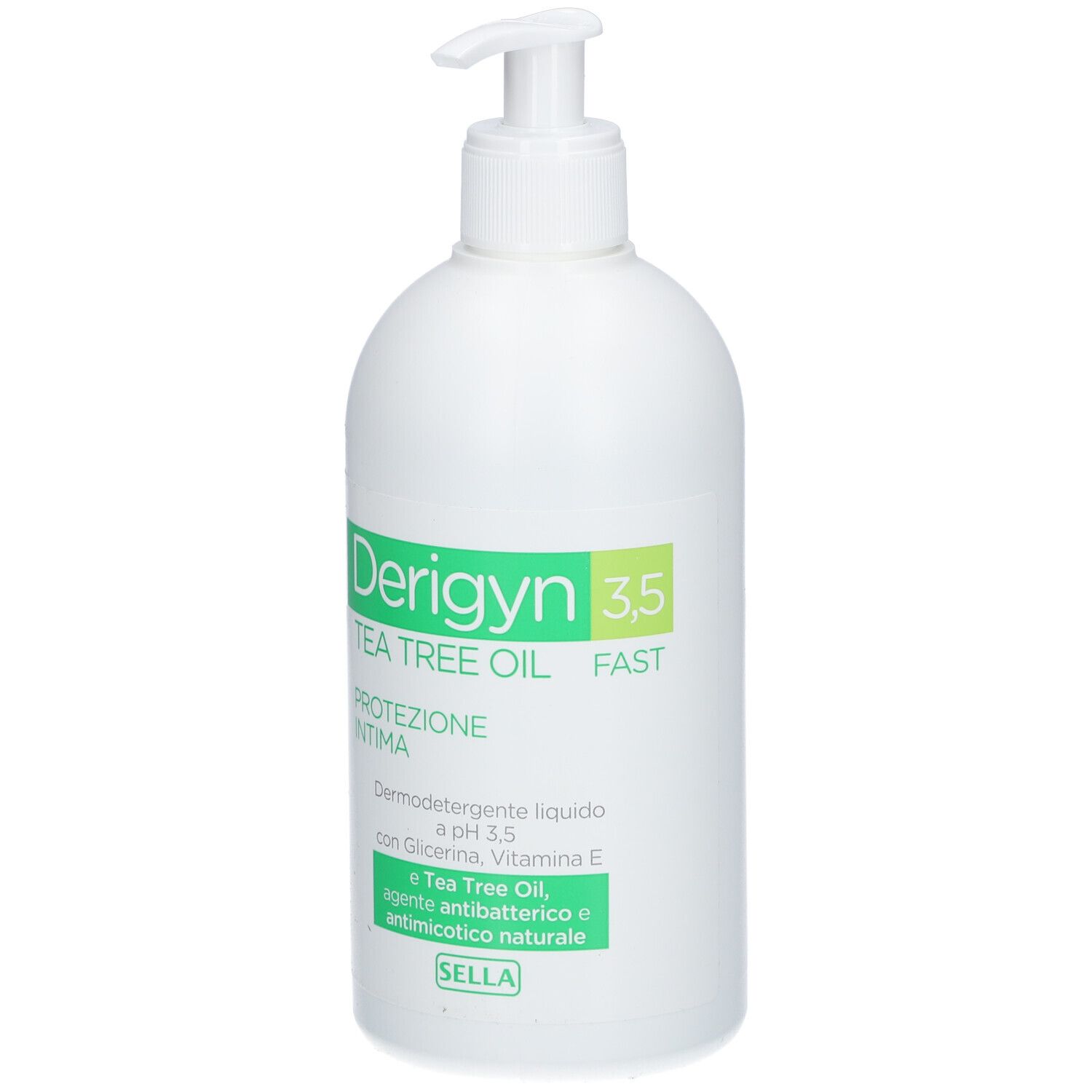 Weiße Pumpeflasche mit Derigyn 3,5 Tea Tree Oil Fast Aufschrift. Enthält Glycerin, Vitamin E.