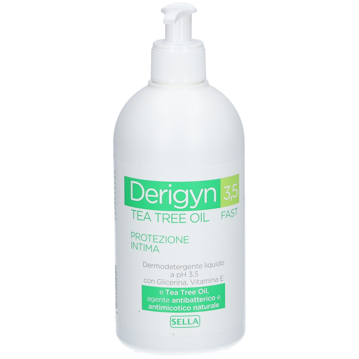 Weiße Pumpeflasche mit Derigyn 3,5 Tea Tree Oil. Intimschutz.