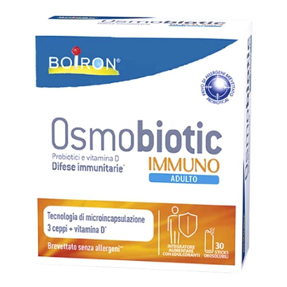 Scatola BOIRON® Osmobiotic® Immuno Adulto. Confezione bianca e blu. Contiene 30 stick.