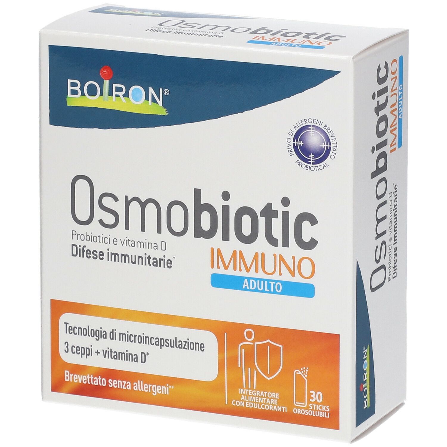 Scatola BOIRON® Osmobiotic® Immuno Adulto. Confezione bianca con dettagli blu. 30 stick.