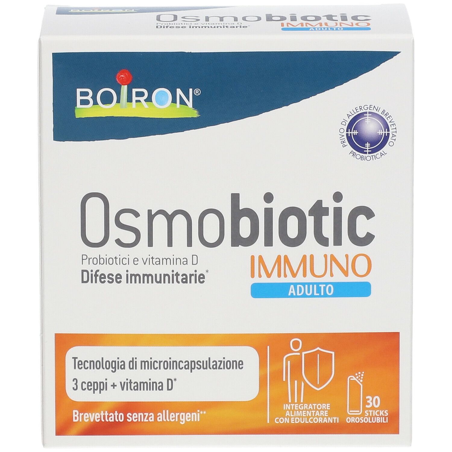 Scatola BOIRON® Osmobiotic® Immuno Adulto. Confezione bianca con dettagli blu. 30 stick.