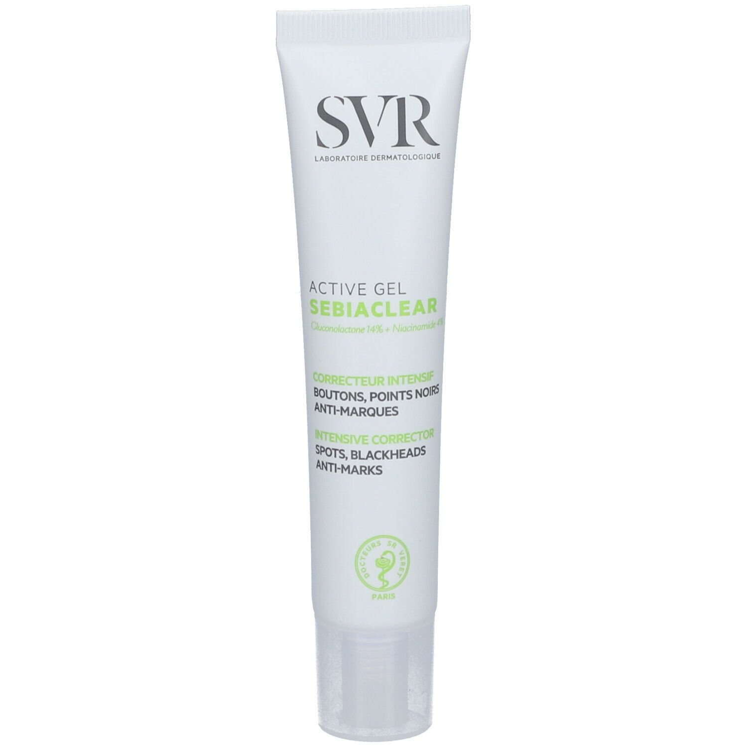 Tubo bianco con stampa verde. Contiene SVR Active Gel Sebiaclear. Scritta: Corrector Intense, Anti-Marks.