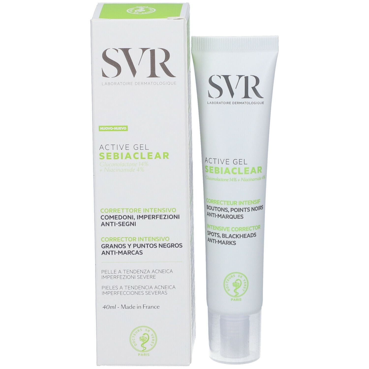 Confezione del prodotto con tubo. Contiene SVR Active Gel Sebiaclear. Scritta: Corrector Intense, Anti-Marks.