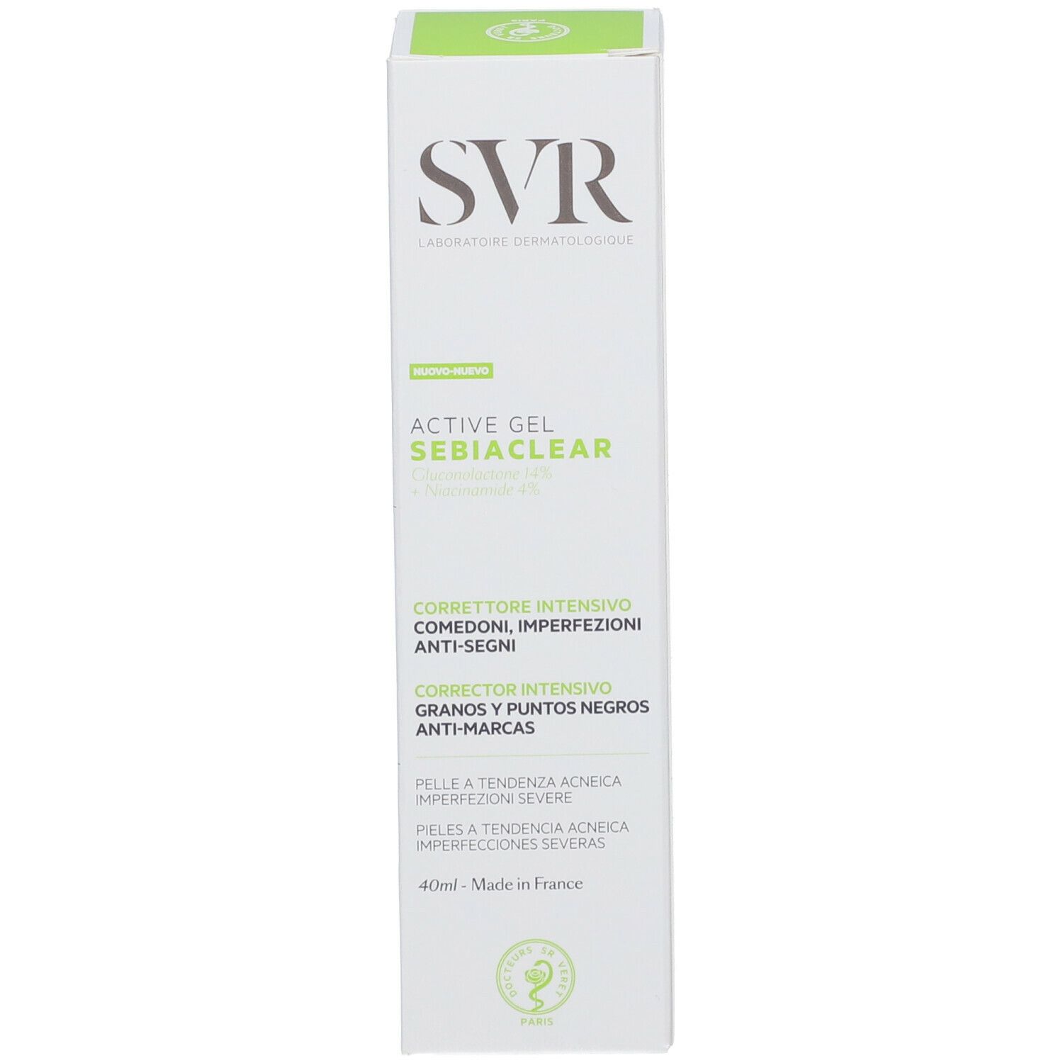Confezione del prodotto. Contiene SVR Active Gel Sebiaclear. Scritta: Corrector Intense, Anti-Marks.