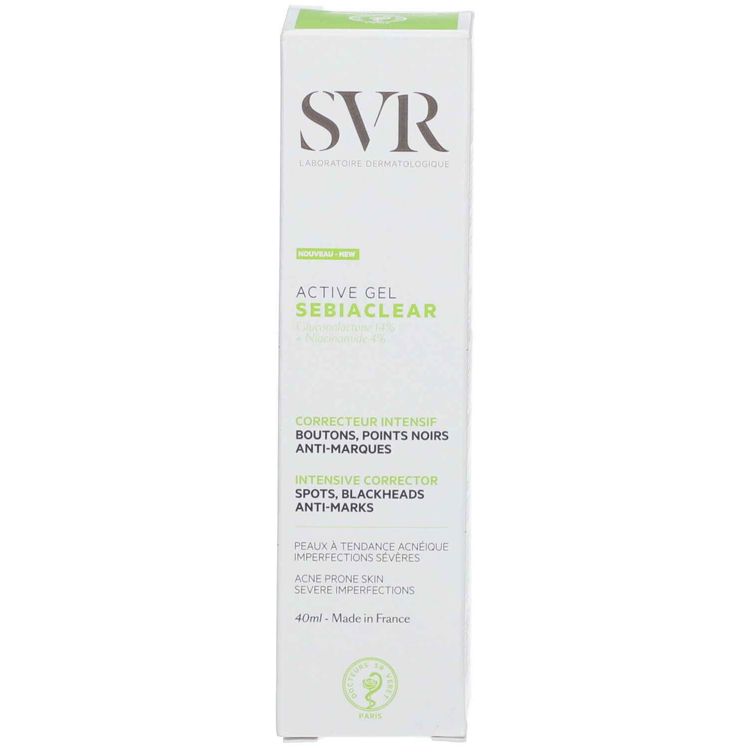 Confezione del prodotto. Contiene SVR Active Gel Sebiaclear. Scritta: Corrector Intense, Anti-Marks.