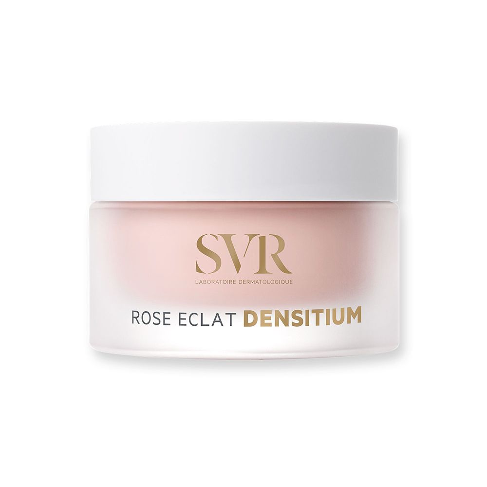 Vaso di crema con coperchio bianco. Scritta: SVR, ROSE ECLAT DENSITIUM.