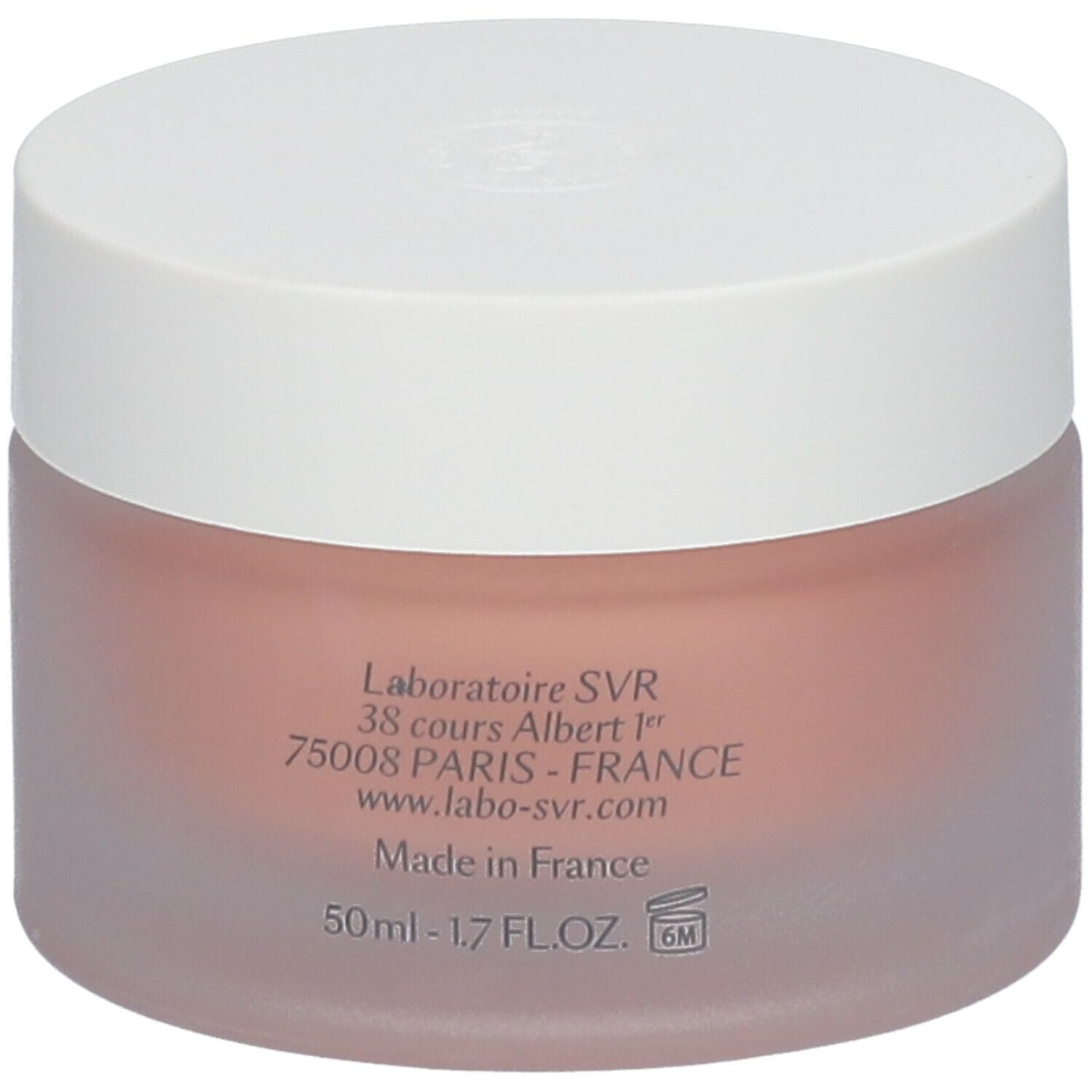 Vaso di crema con coperchio bianco. Scritta: SVR, ROSE ECLAT DENSITIUM.