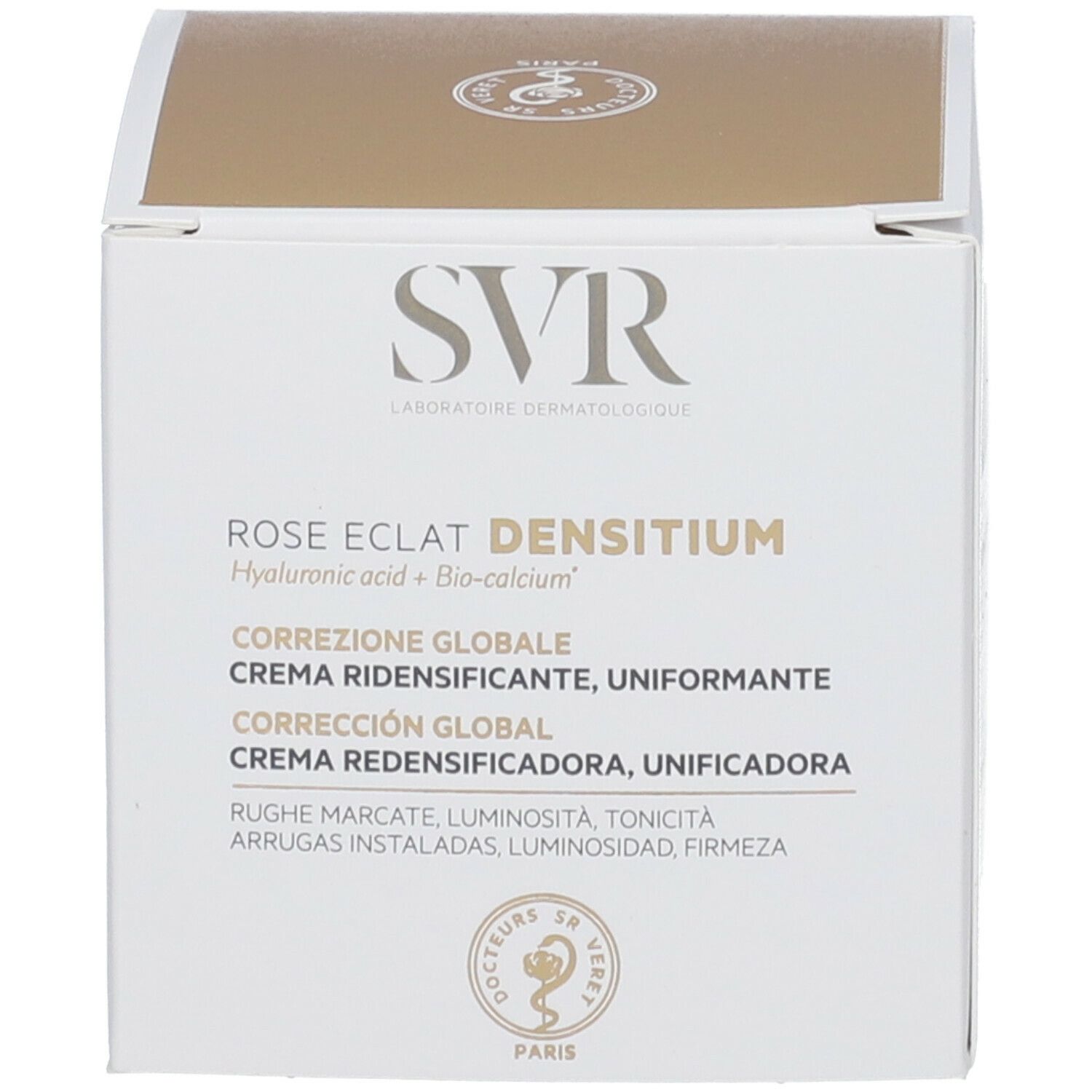 Scatola con testo: SVR, ROSE ECLAT DENSITIUM. Testo multilingue.