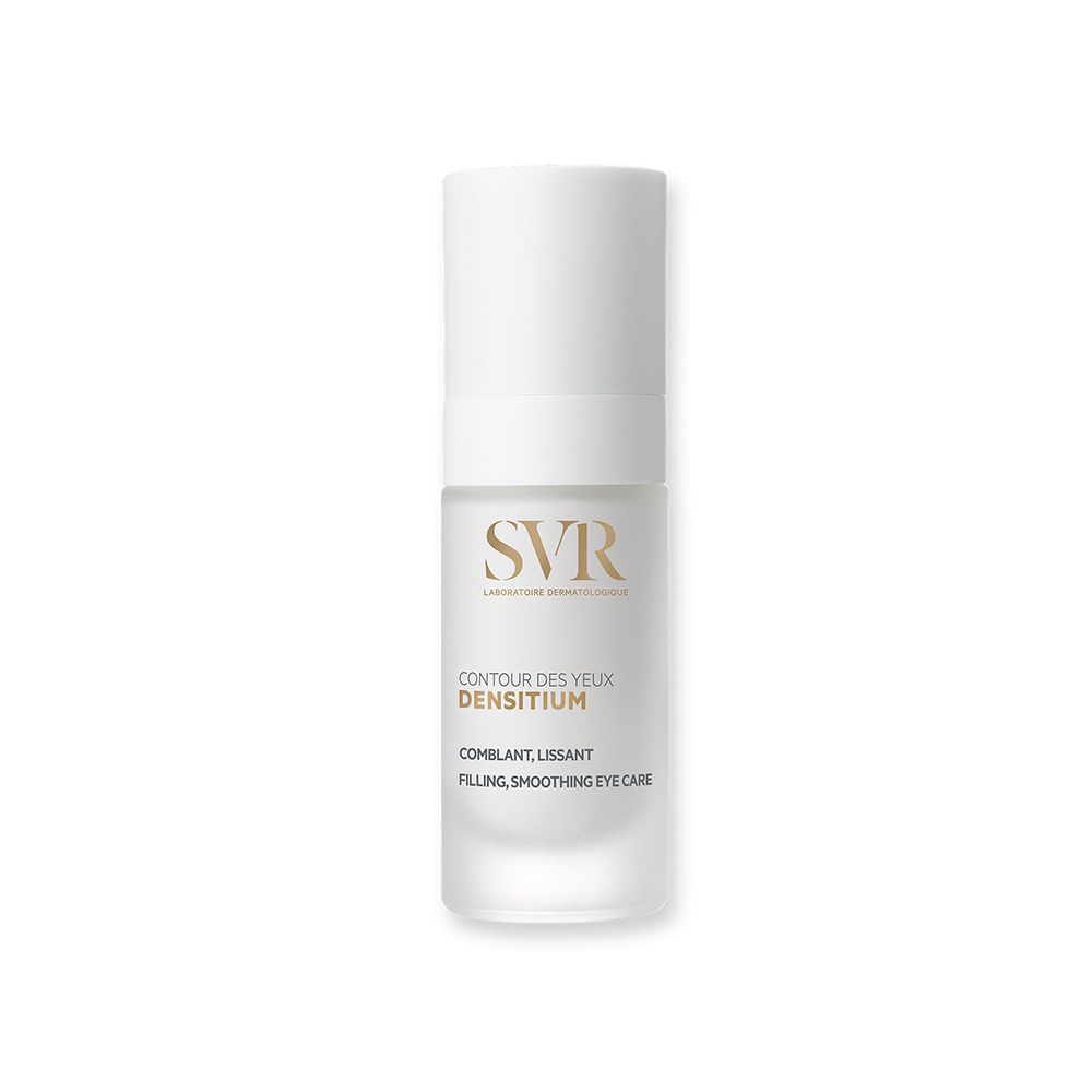 SVR Densitium Yeux. Flacone bianco con tappo bianco. Scritta: Contour des Yeux Densitium. Riempitivo, levigante.