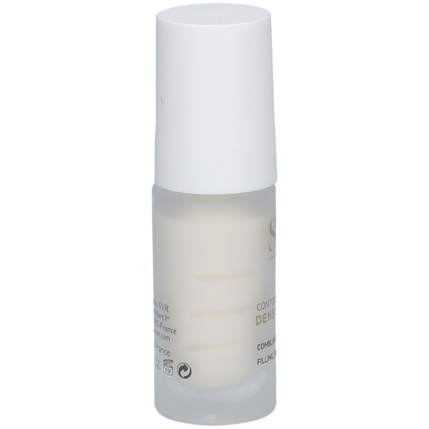 SVR Densitium Yeux. Flacone bianco con tappo bianco. Scritta: Contour des Yeux Densitium. Riempitivo, levigante.