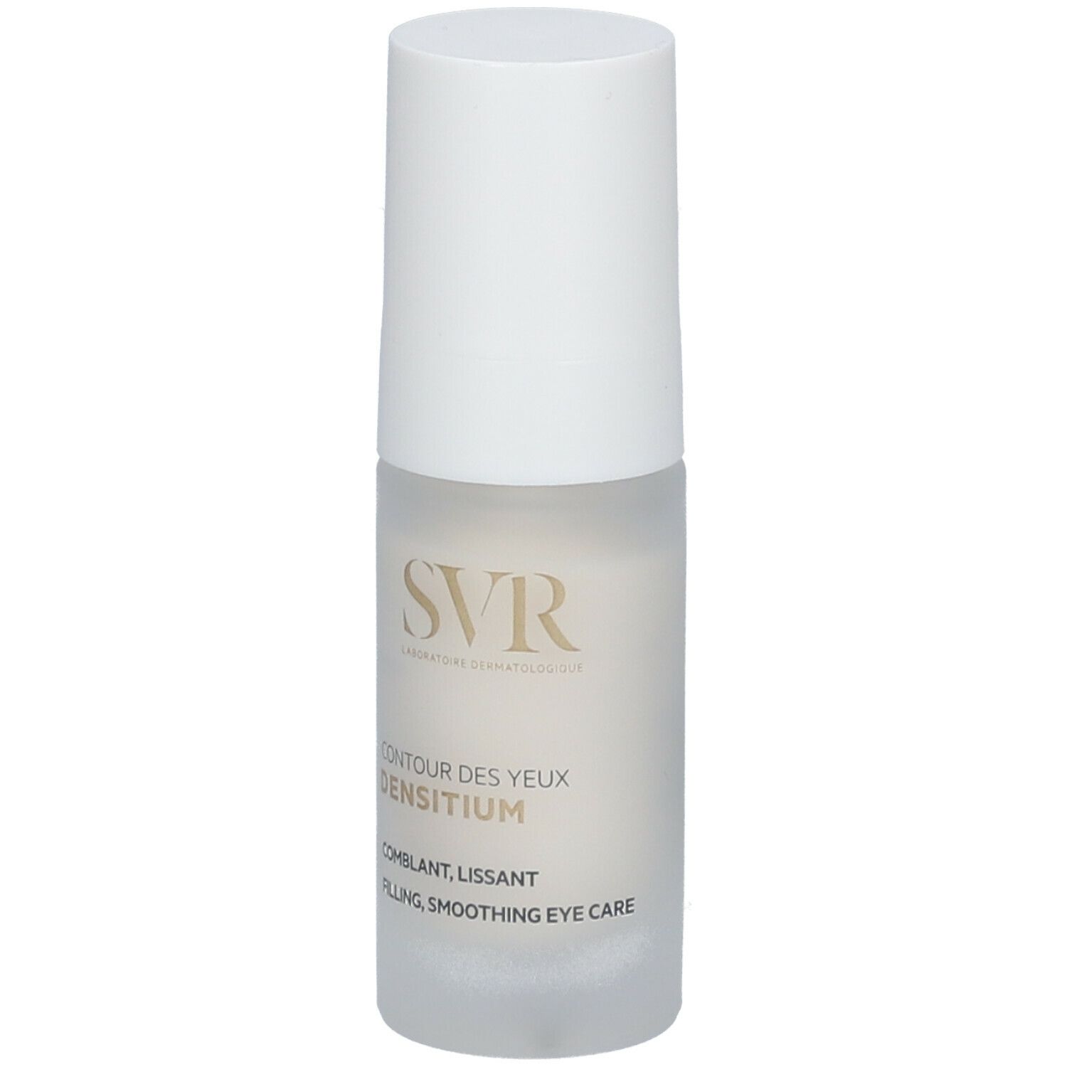 SVR Densitium Yeux. Flacone bianco con tappo bianco. Scritta: Contour des Yeux Densitium. Riempitivo, levigante.