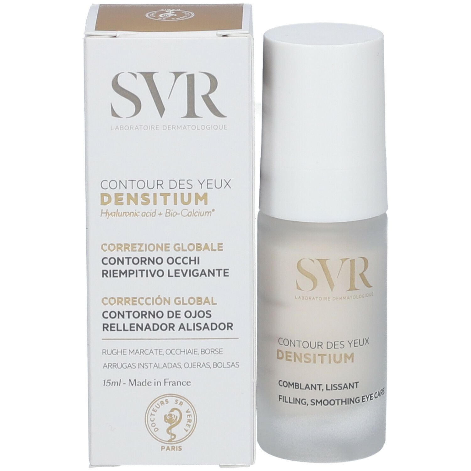 SVR Densitium Yeux. Confezione prodotto con flacone. Scritta: Contour des Yeux Densitium. Con acido ialuronico.