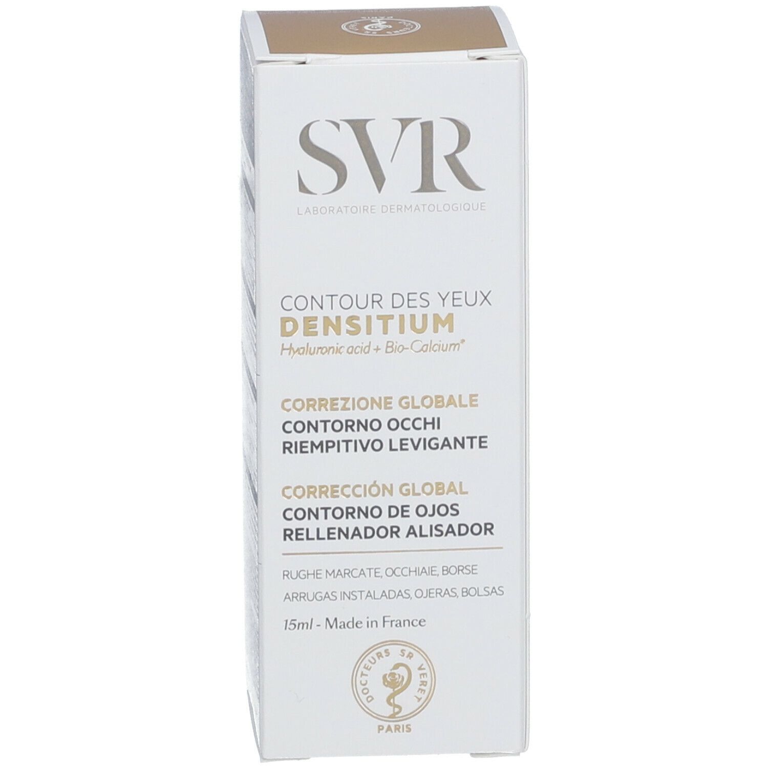 SVR Densitium Yeux. Confezione prodotto. Scritta: Contour des Yeux Densitium. Con acido ialuronico e Bio-Calcium.