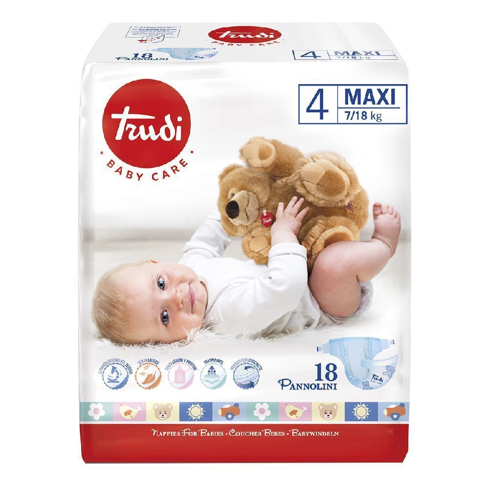Confezione pannolini Trudi Baby Care. Taglia 4 Maxi, 7/18 kg, 18 pezzi. Immagine di bambino e orsacchiotto.