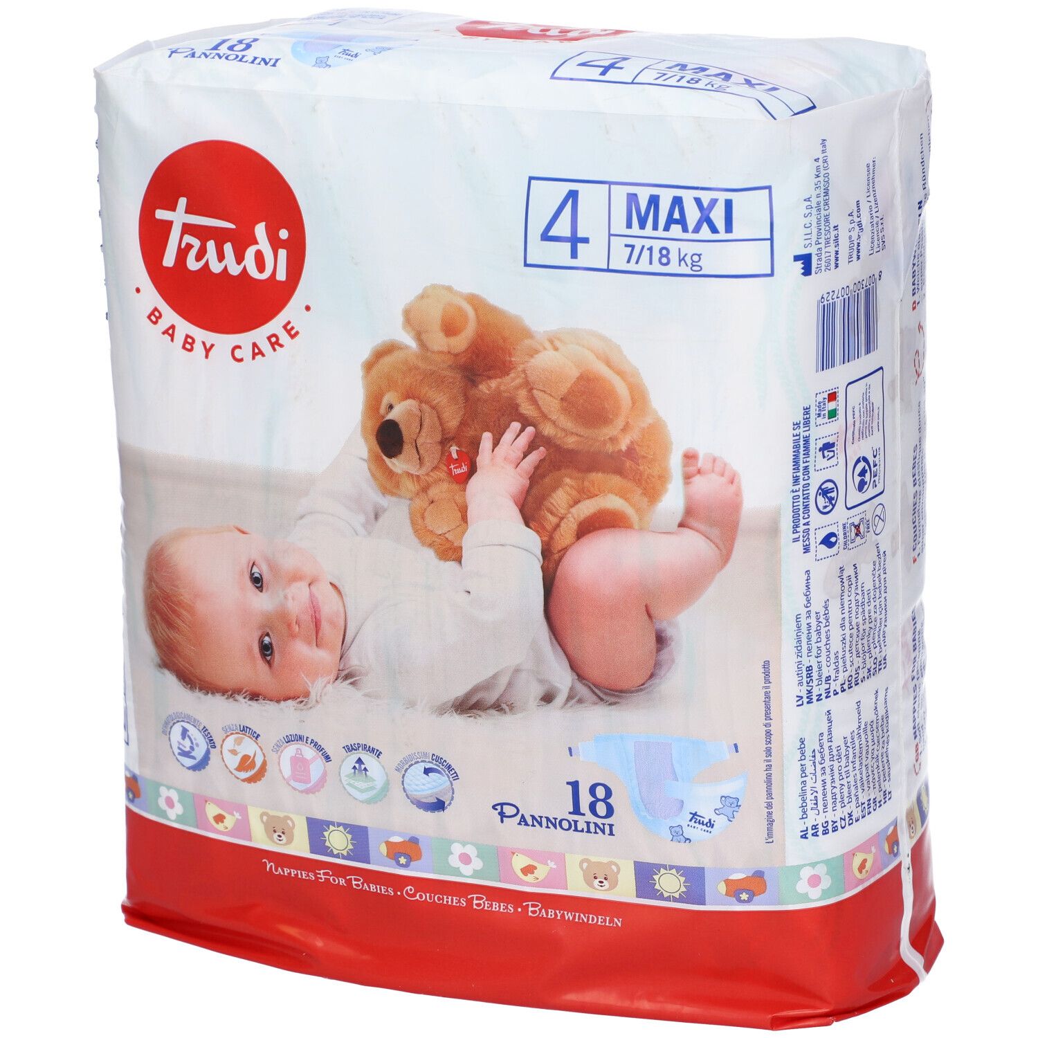 Confezione pannolini Trudi Baby Care, taglia 4 Maxi, 7/18 kg, 18 pezzi. Bambino e orsacchiotto.