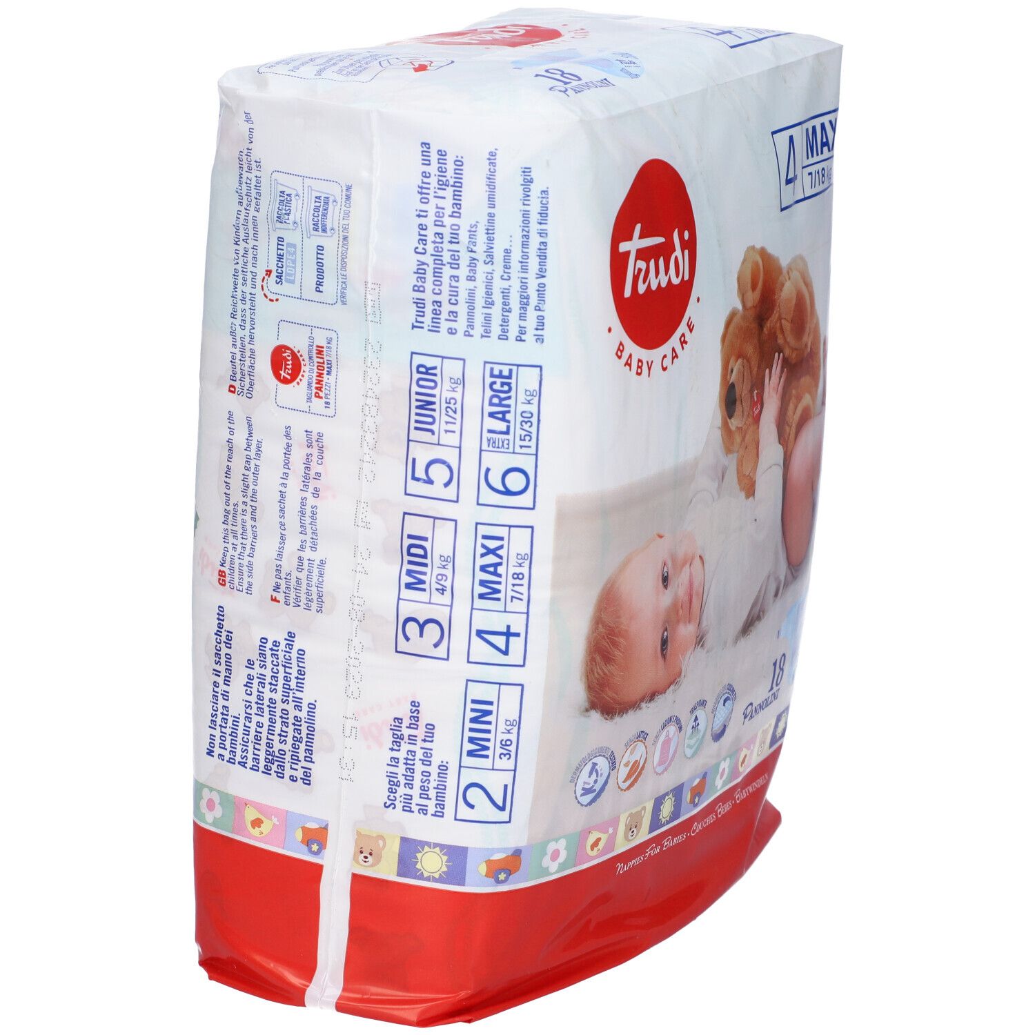 Confezione pannolini Trudi Baby Care, taglia 4 Maxi, 7/18 kg, 18 pezzi. Retro con informazioni.
