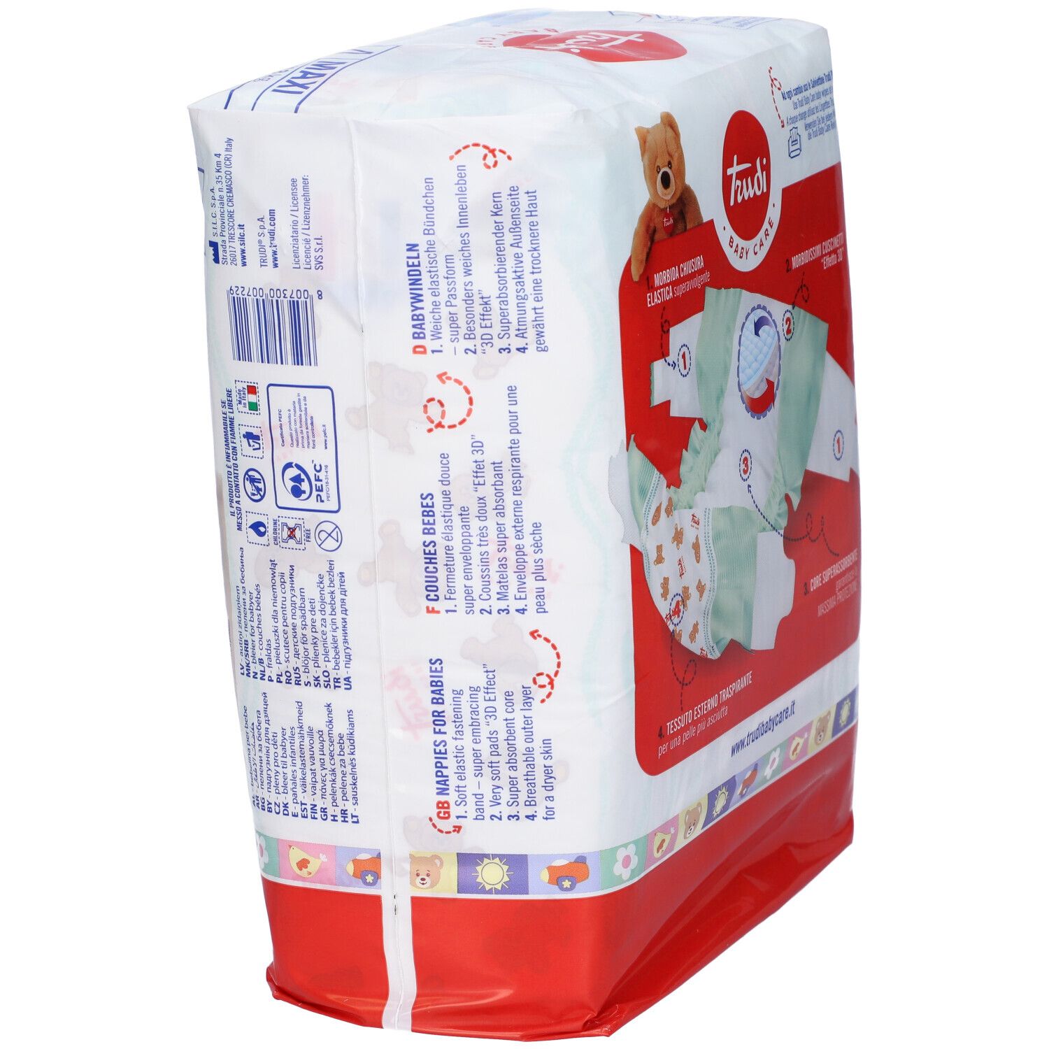 Confezione pannolini Trudi Baby Care, taglia 4 Maxi, 7/18 kg, 18 pezzi. Retro con informazioni.