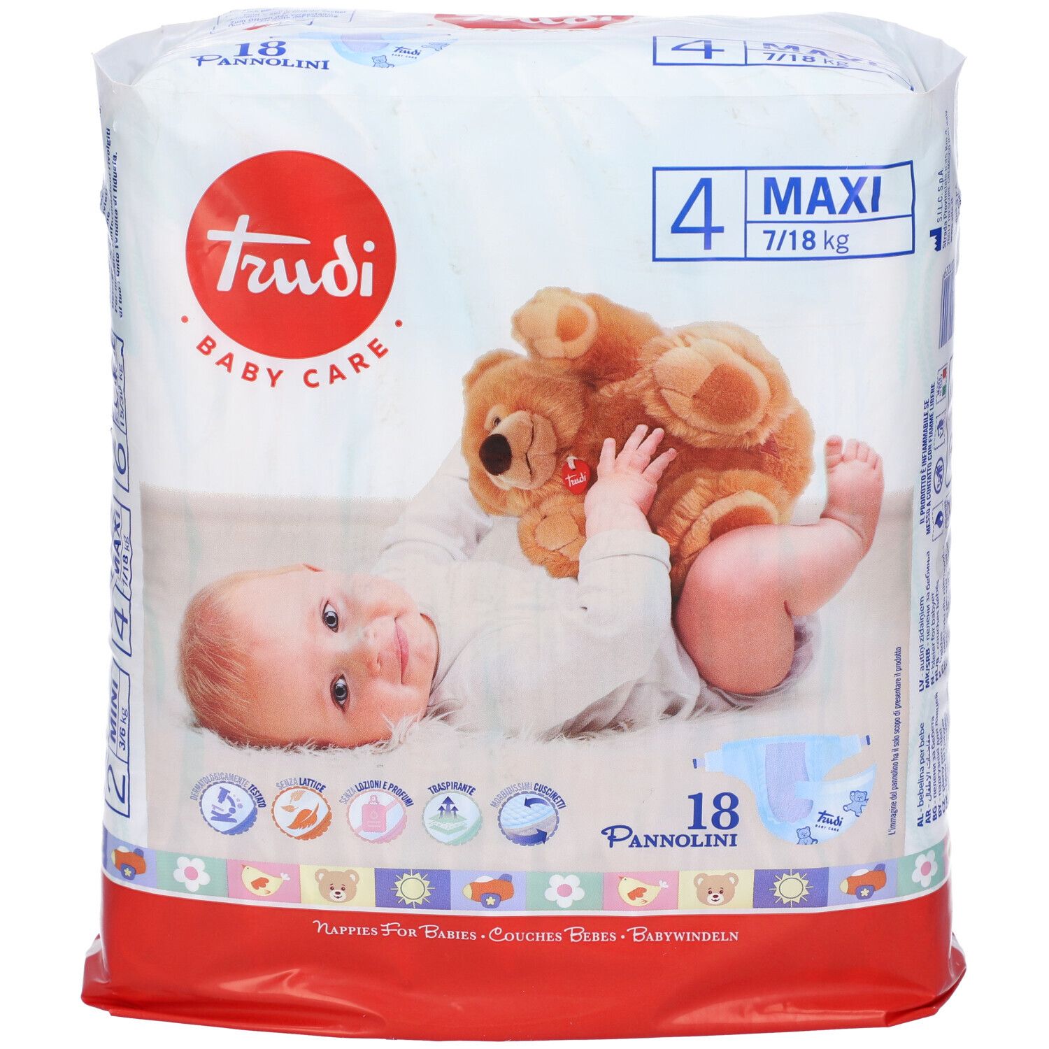 Confezione pannolini Trudi Baby Care, taglia 4 Maxi, 7/18 kg, 18 pezzi. Bambino e orsacchiotto.