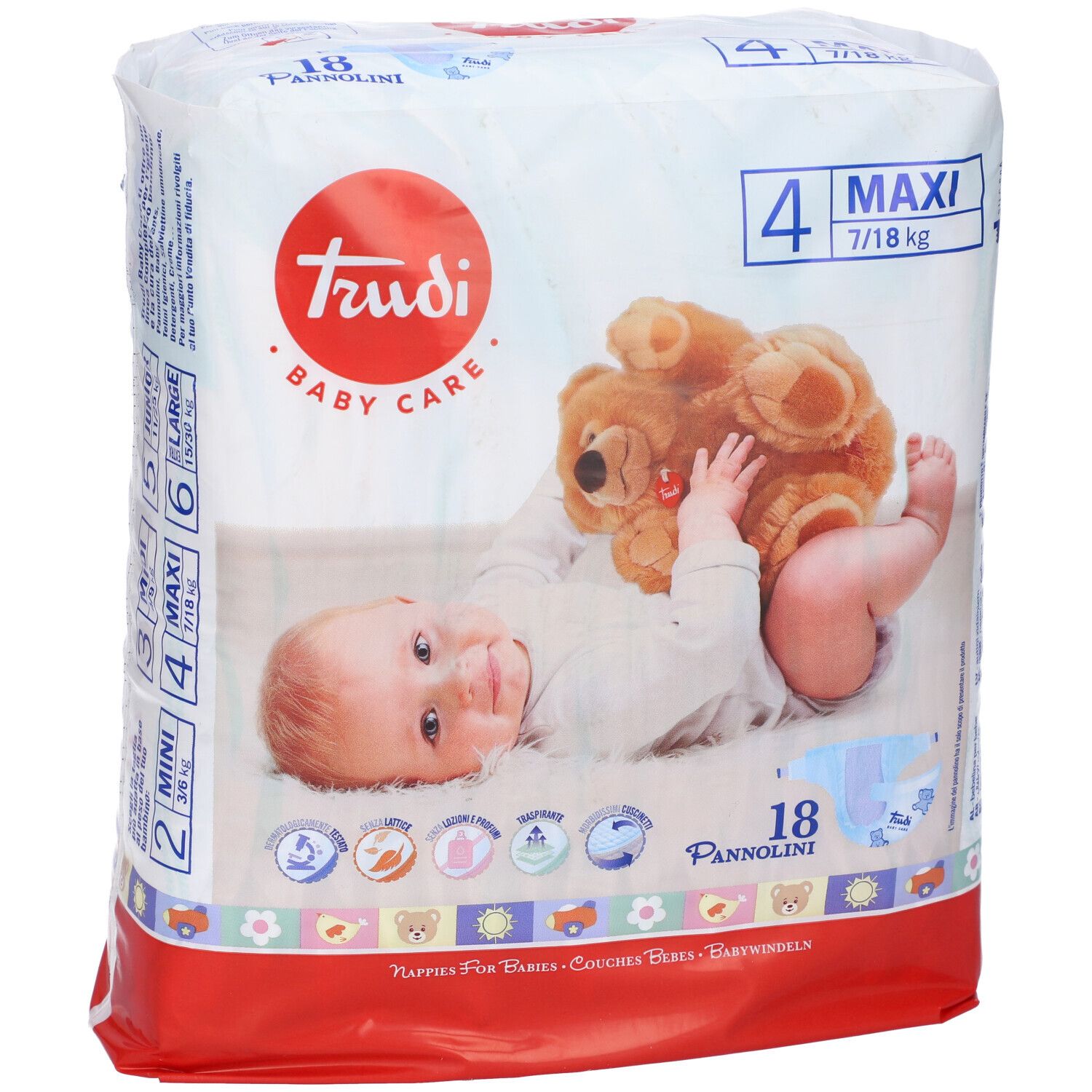 Confezione pannolini Trudi Baby Care, taglia 4 Maxi, 7/18 kg, 18 pezzi. Bambino e orsacchiotto.