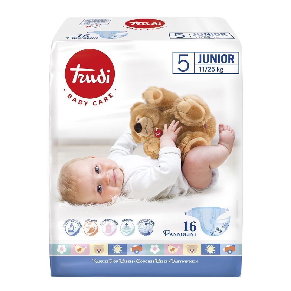 Paquet de couches Trudi Baby Care, taille 5 Junior, 16 couches. Image d'un bébé et d'un ours en peluche.