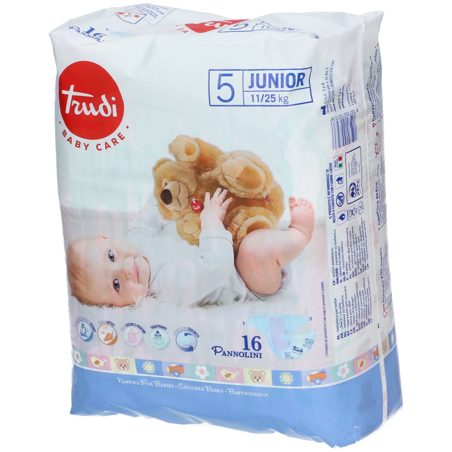 Paquet de couches Trudi Baby Care, taille 5 Junior, 16 couches. Bébé et ours en peluche sur l'emballage.