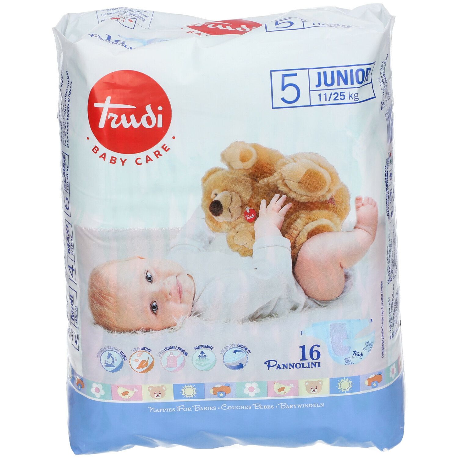 Paquet de couches Trudi Baby Care, taille 5 Junior, 16 couches. Bébé et ours en peluche sur l'emballage.