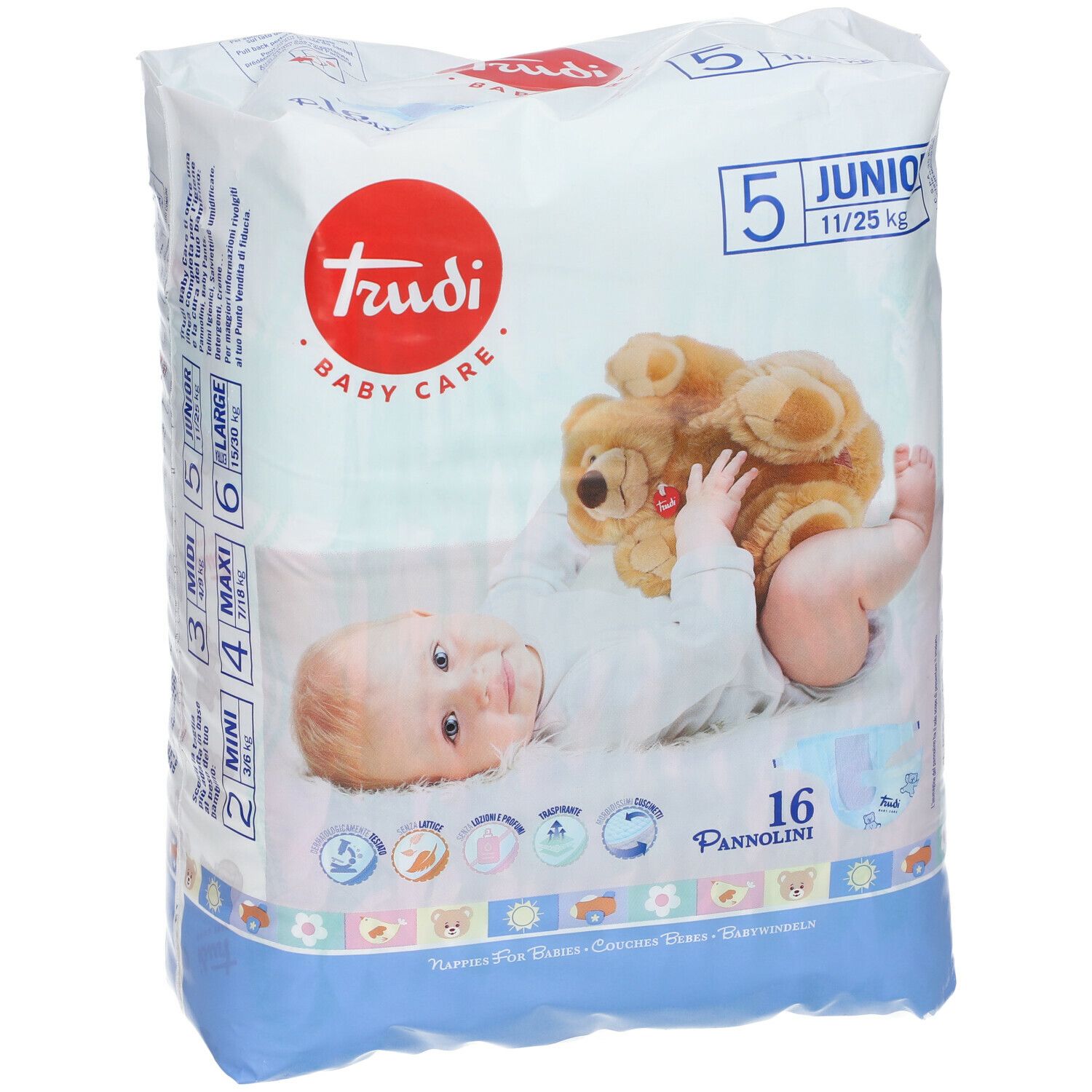 Paquet de couches Trudi Baby Care, tailles 2-6. Informations sur les tailles et image du produit.