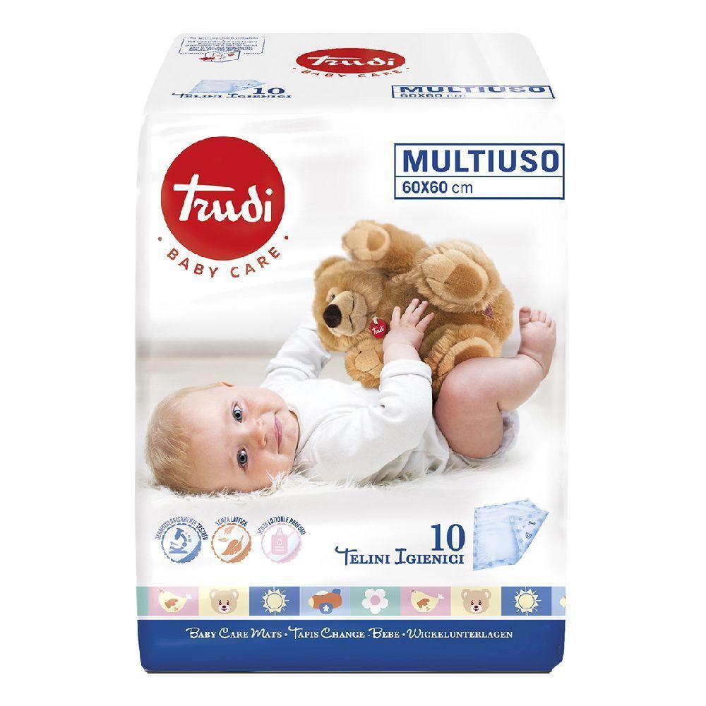 Confezione di prodotti per l'infanzia. Scritta: Trudi Baby Care, 60x60 cm, 10 pezzi. Immagine di un bambino con un orsacchiotto.