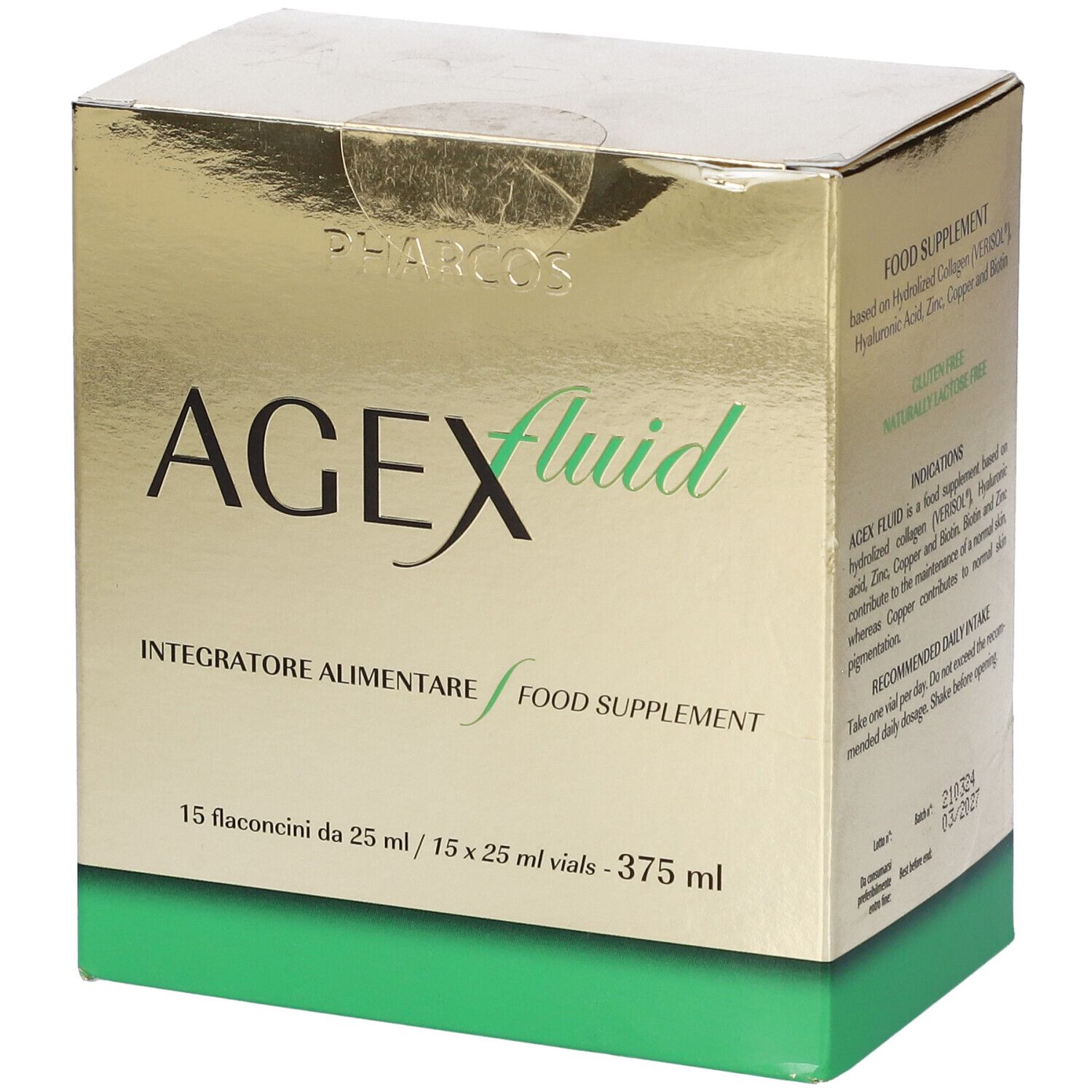 Scatola dorata AGEFluid, 'Integratore Alimentare'. Contiene 15 flaconcini da 25 ml.