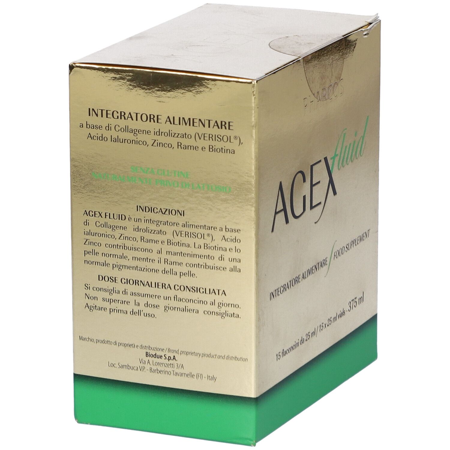 Scatola dorata AGEFluid con testo. Contiene informazioni sul prodotto.