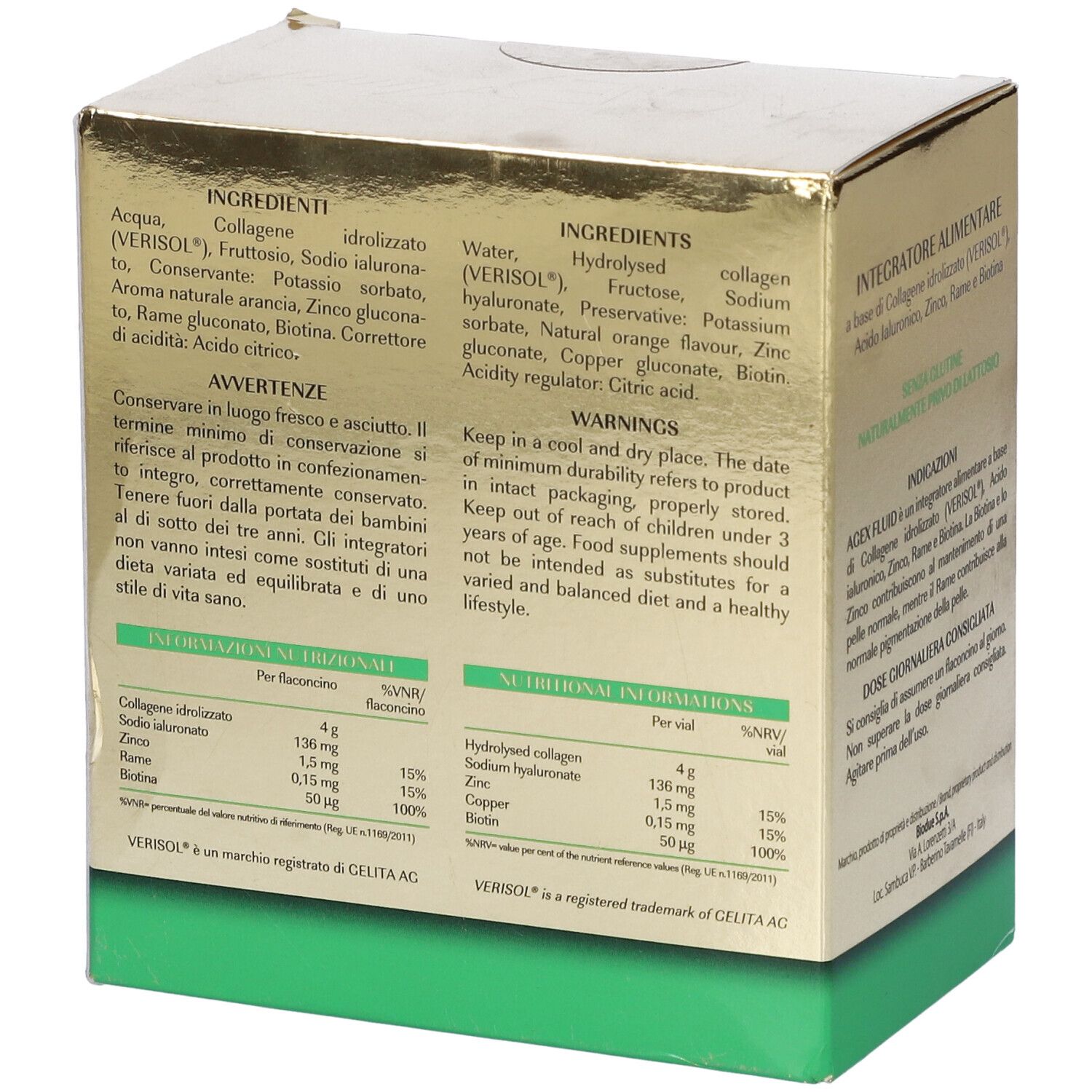 Retro della scatola dorata. Contiene ingredienti e informazioni nutrizionali in due lingue.