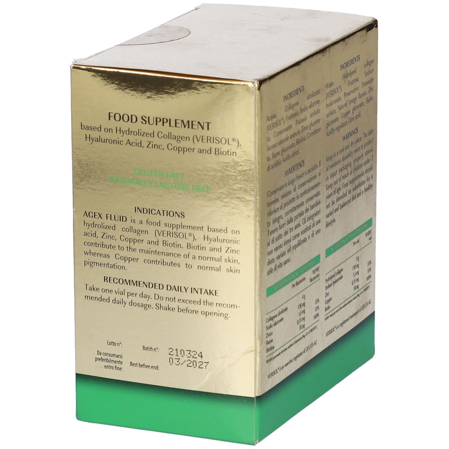Scatola dorata con testo. Contiene informazioni sul prodotto e gli ingredienti.