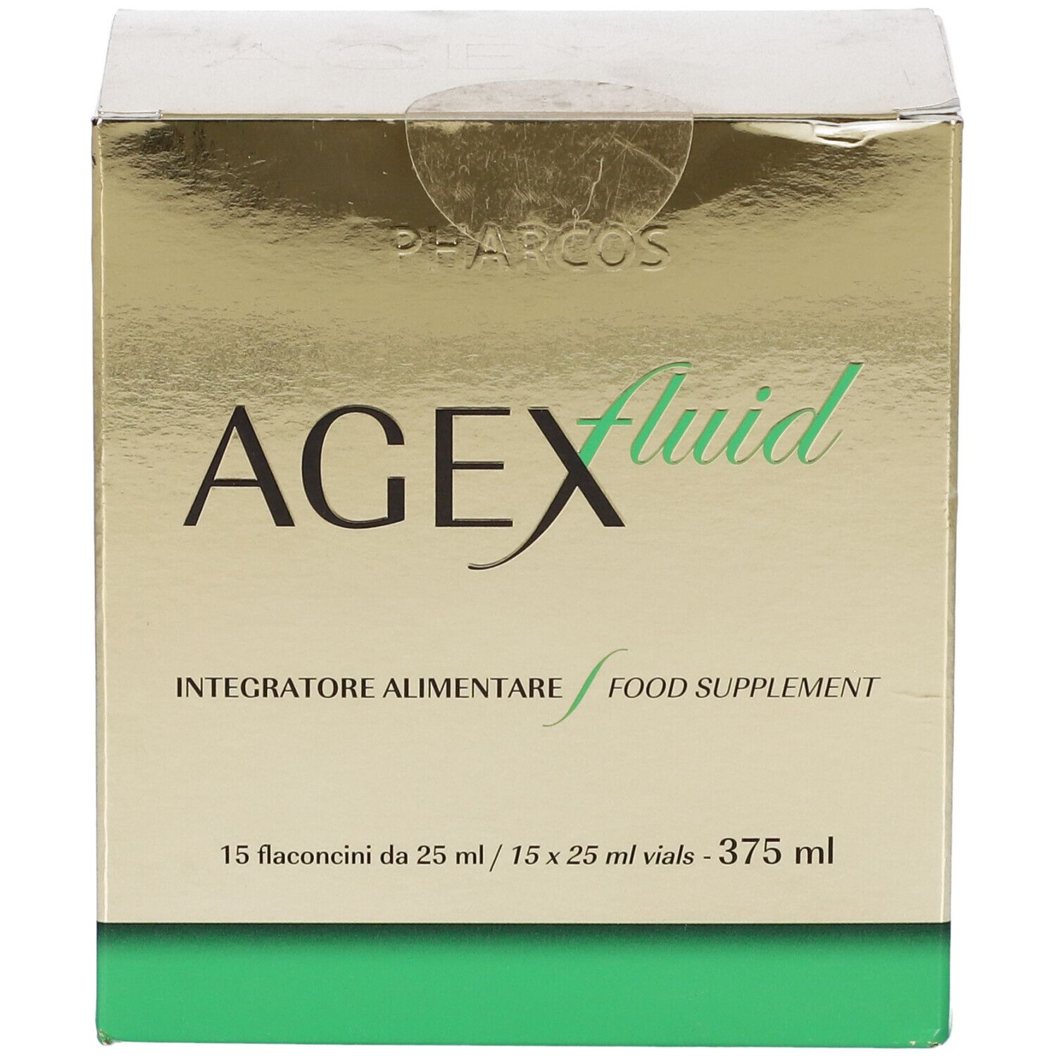 Scatola dorata AGEFluid con testo. Contiene 15 flaconcini da 25 ml.