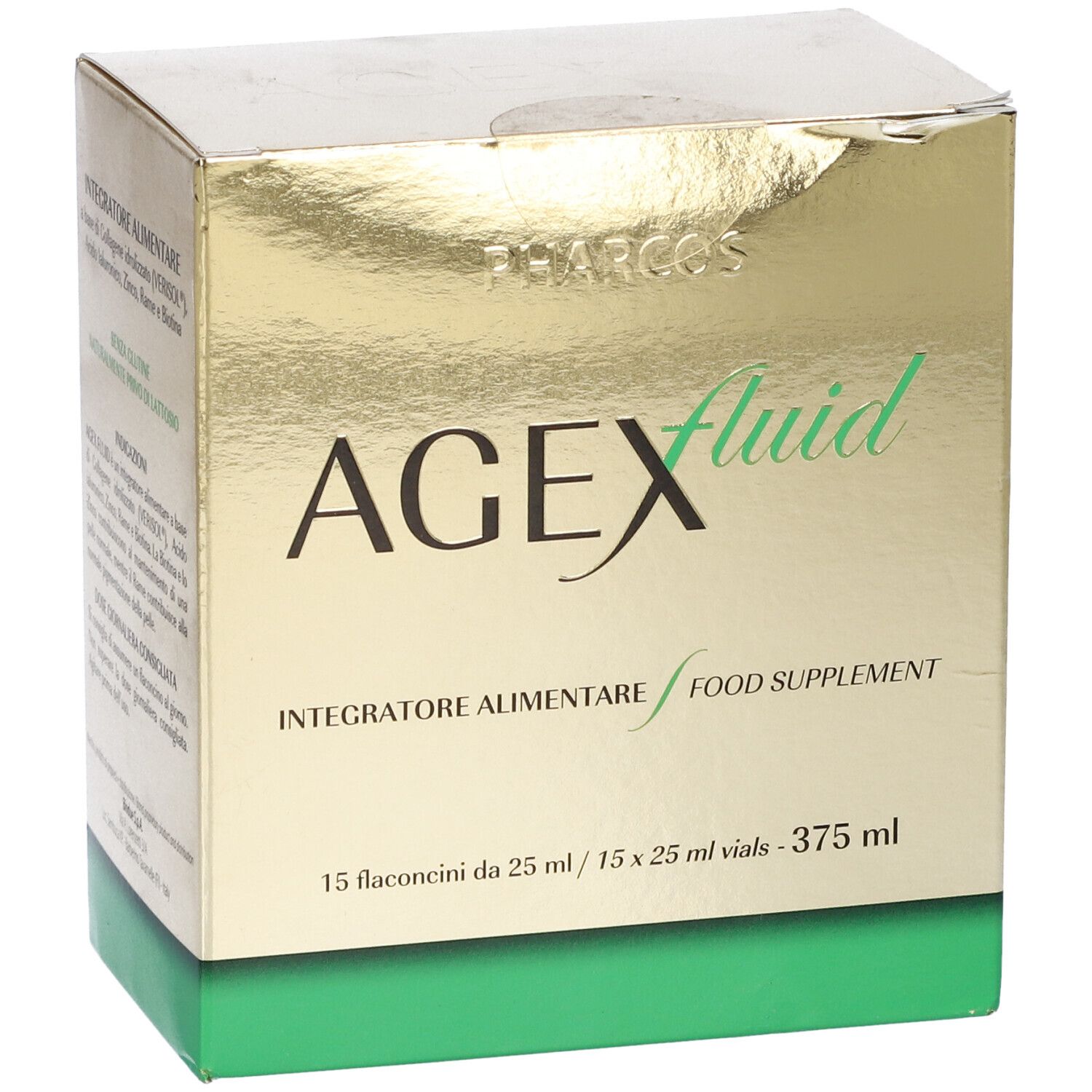Scatola dorata AGEFluid con testo. Contiene 15 flaconcini da 25 ml.