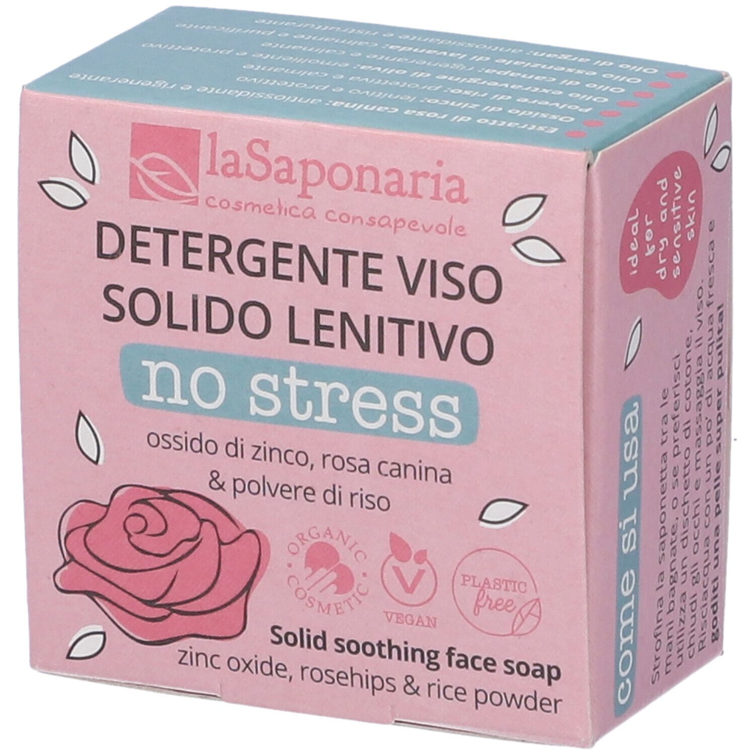 Scatola rosa con nome del prodotto e ingredienti. Logo e certificazioni visibili.