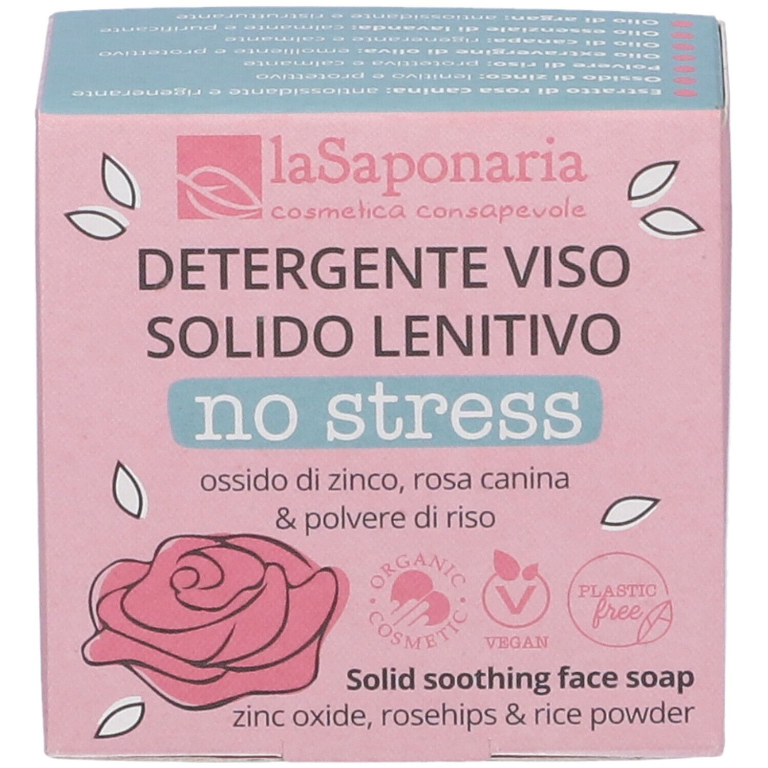 Vista dall'alto della scatola. Nome del prodotto, ingredienti e logo. Certificazioni visibili.