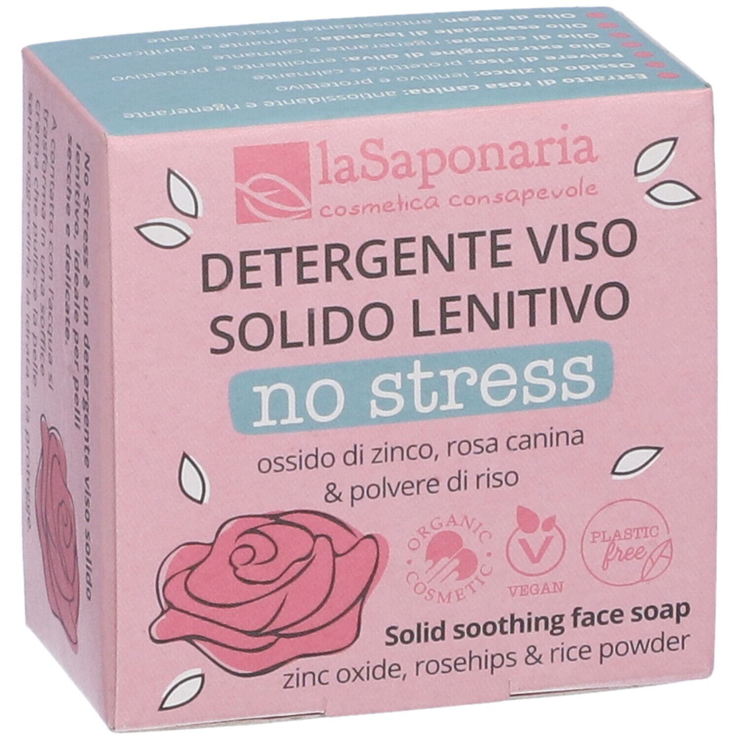 Vista dall'alto della scatola. Nome del prodotto, ingredienti e logo. Certificazioni visibili.