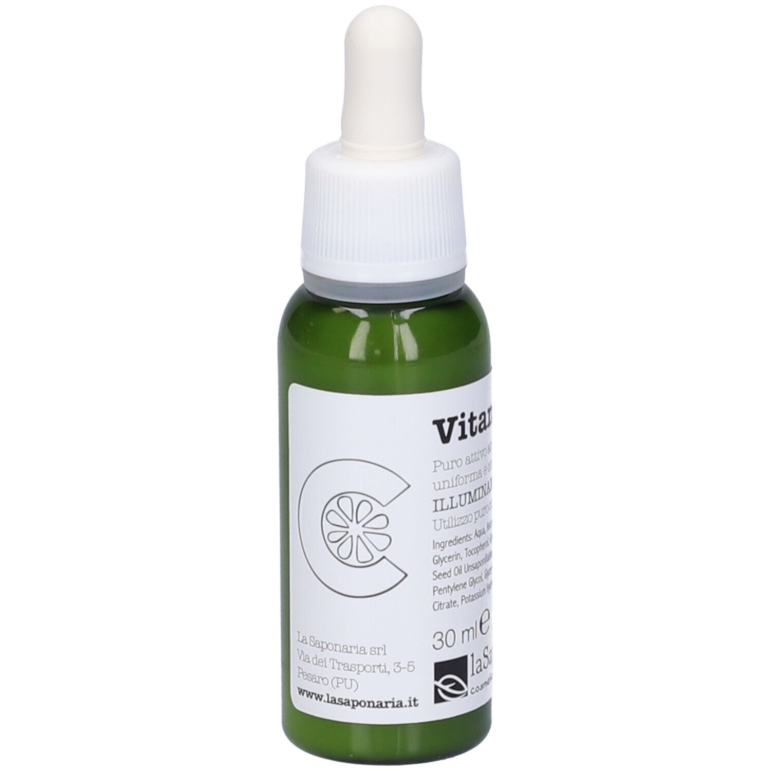 Flacone di vetro verde con tappo bianco e pipetta. Etichetta con grafica di limone e testo. 30 ml.