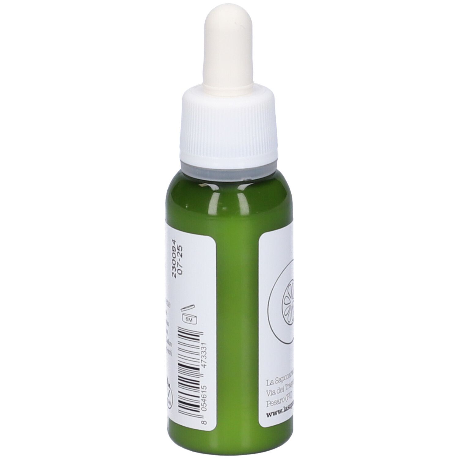 Flacone di vetro verde con tappo bianco e pipetta. Retro con codice a barre e testo. 30 ml.